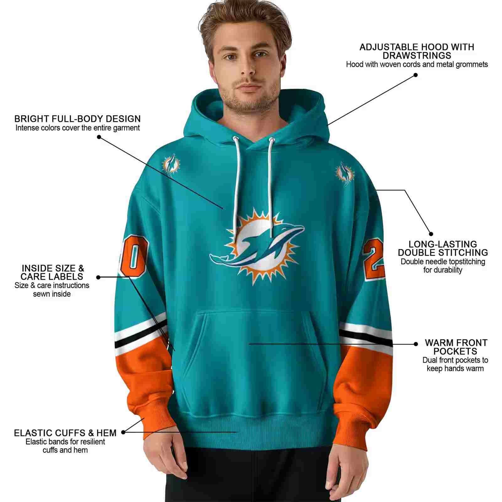 custom miami dolphins striped sleeves aqua hoodie latest model