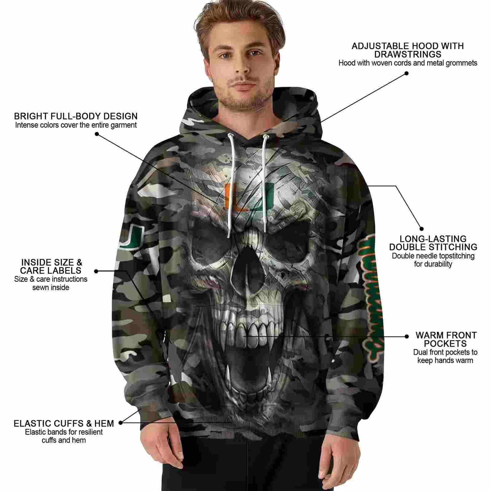 custom miami hurricanes camo skull hoodie latest model