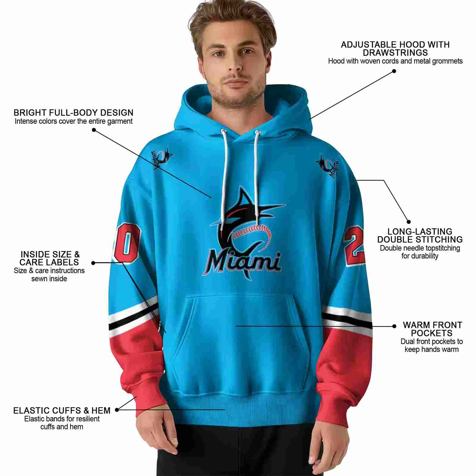 custom miami marlins striped sleeves blue hoodie latest model