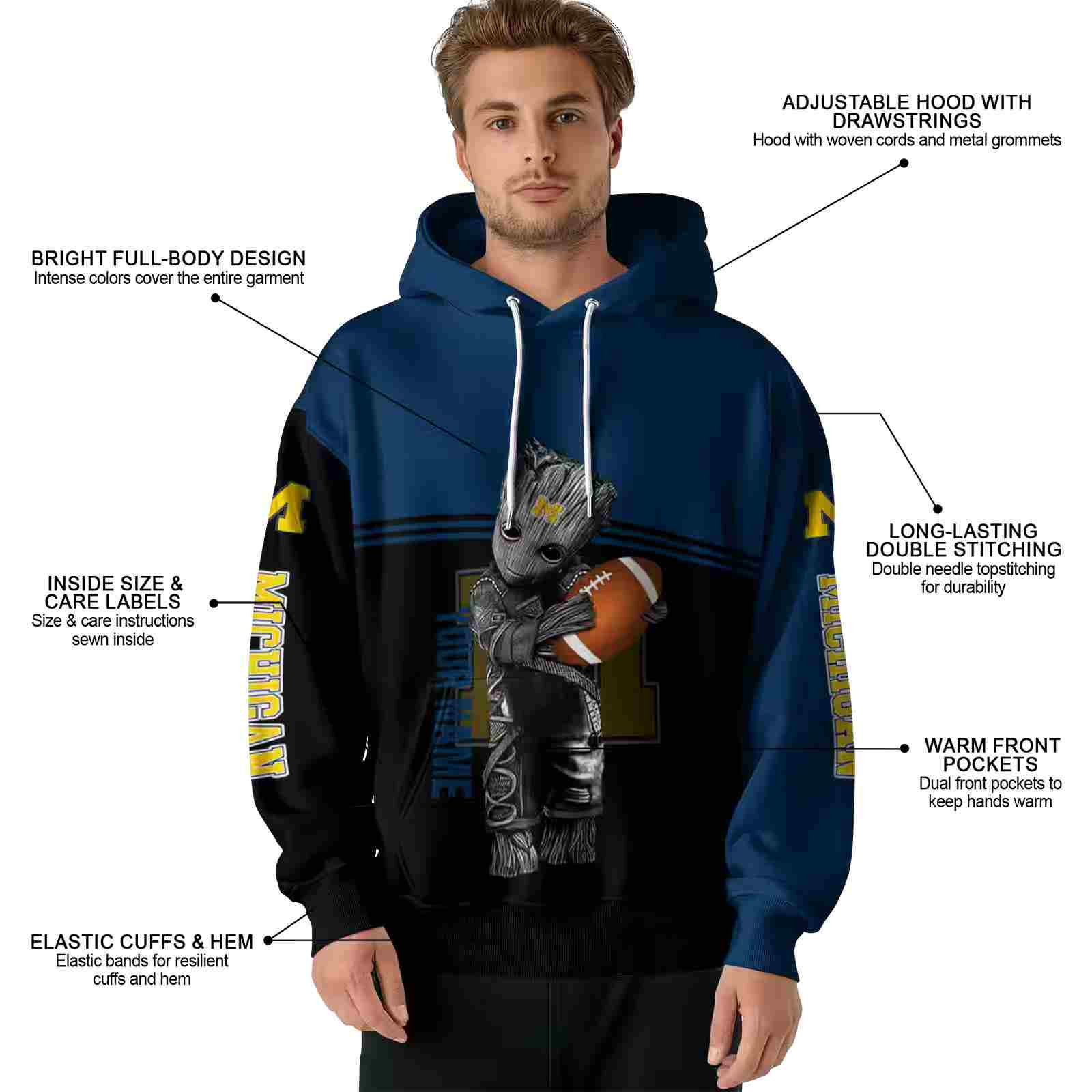 custom michigan wolverines baby groot blue black hoodie latest model