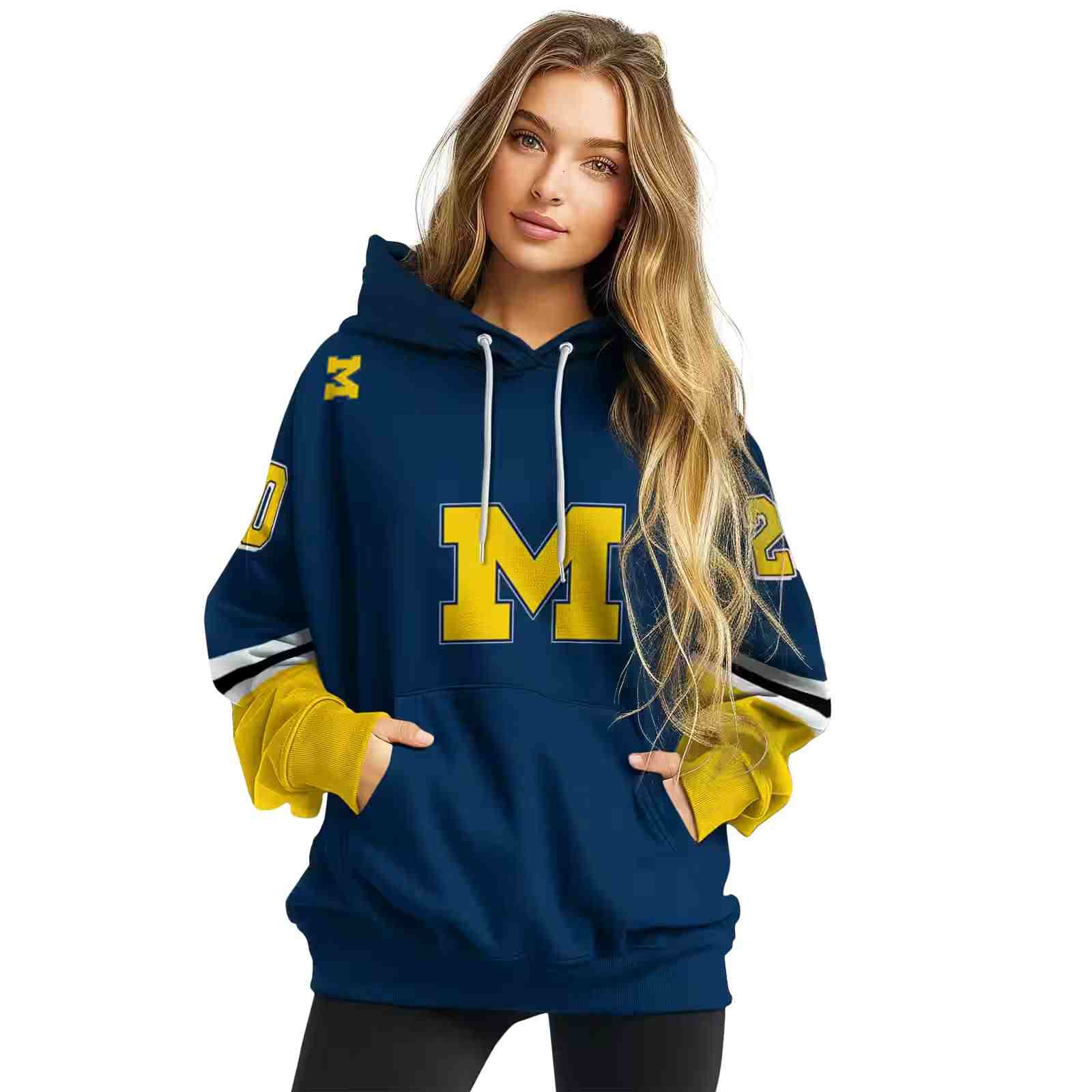 custom michigan wolverines striped sleeves blue hoodie high quality