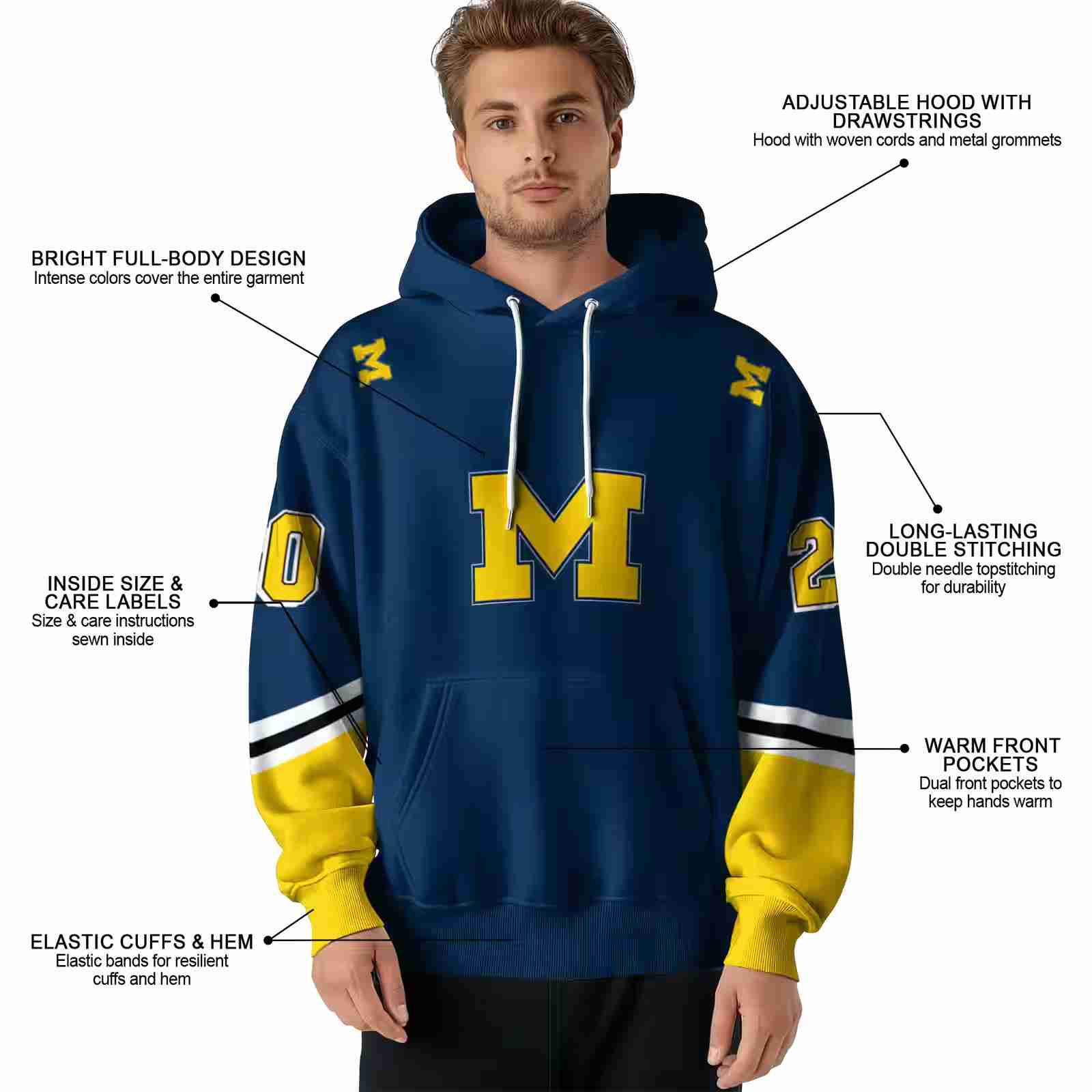 custom michigan wolverines striped sleeves blue hoodie latest model