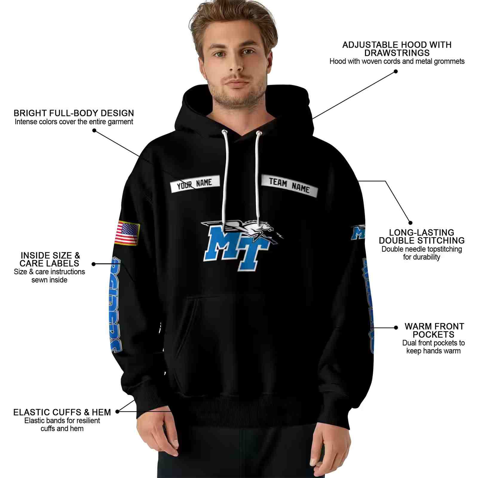 custom middle tennessee blue raiders punisher skull black hoodie latest model