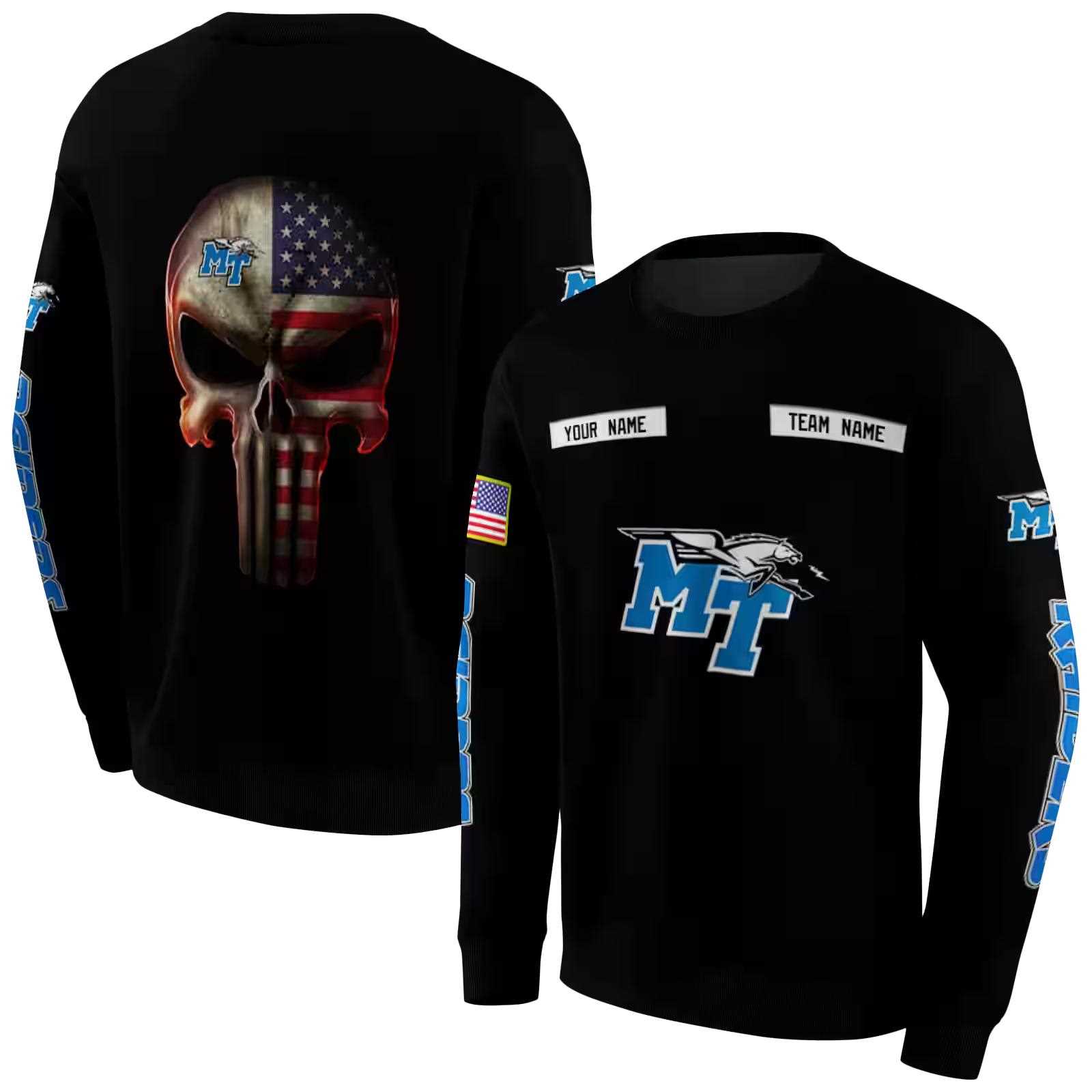 custom middle tennessee blue raiders punisher skull black hoodie premium grade