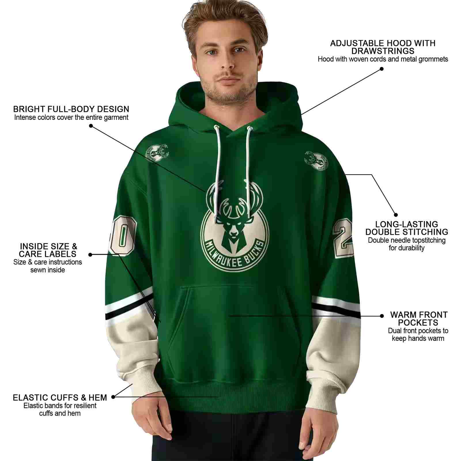 custom milwaukee bucks striped sleeves green hoodie latest model