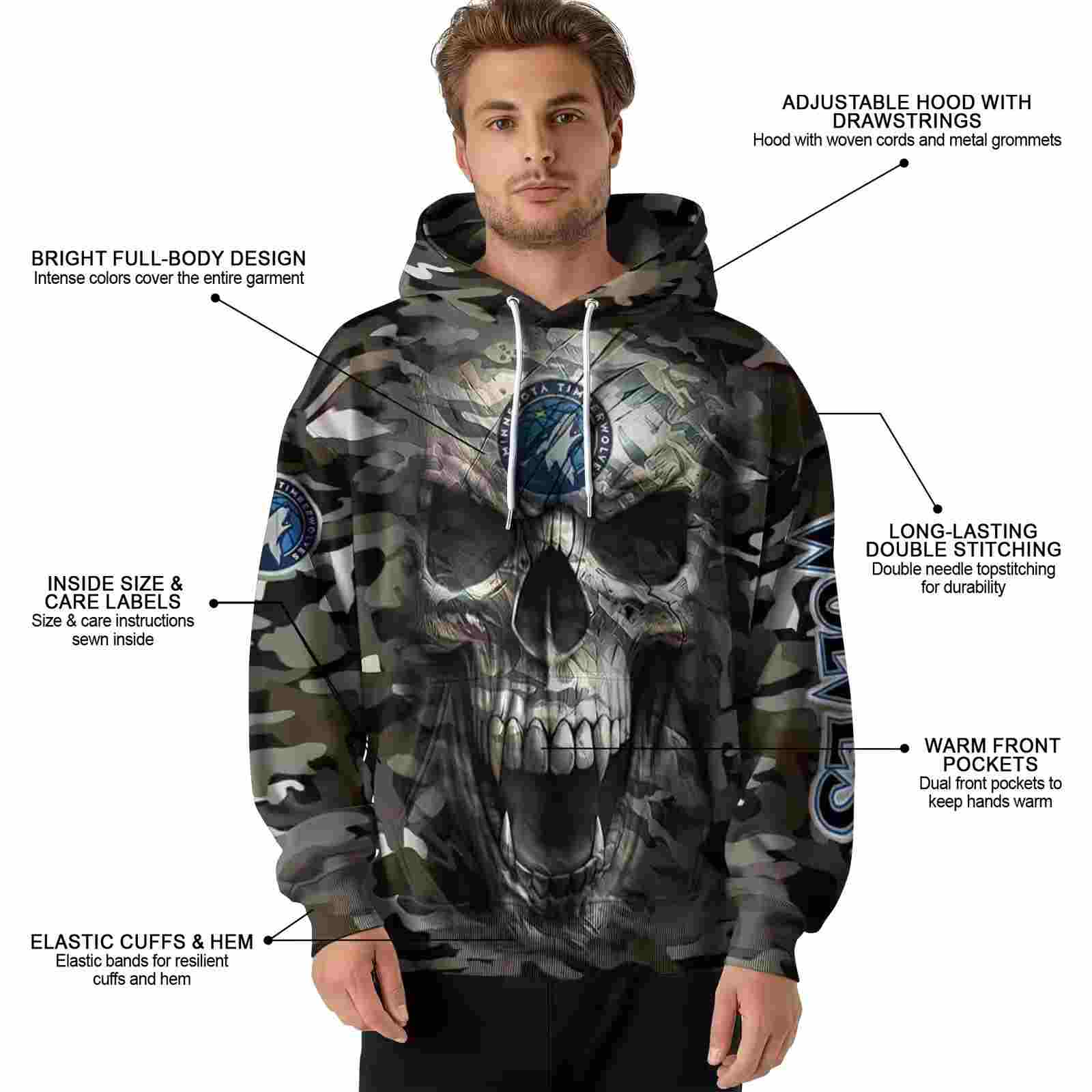 custom minnesota timberwolves camo skull hoodie latest model