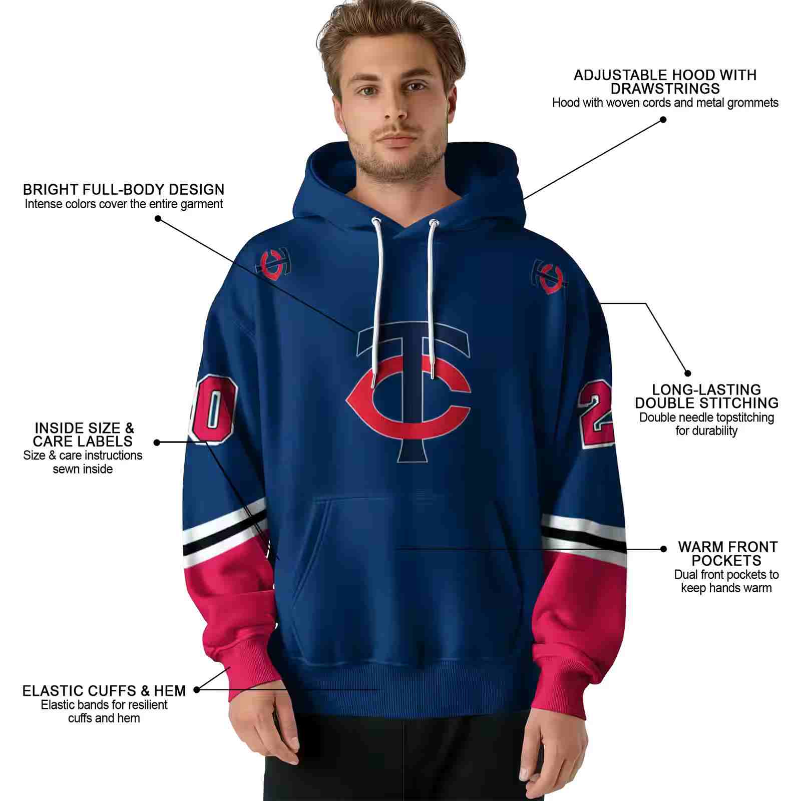 custom minnesota twins striped sleeves navy hoodie latest model