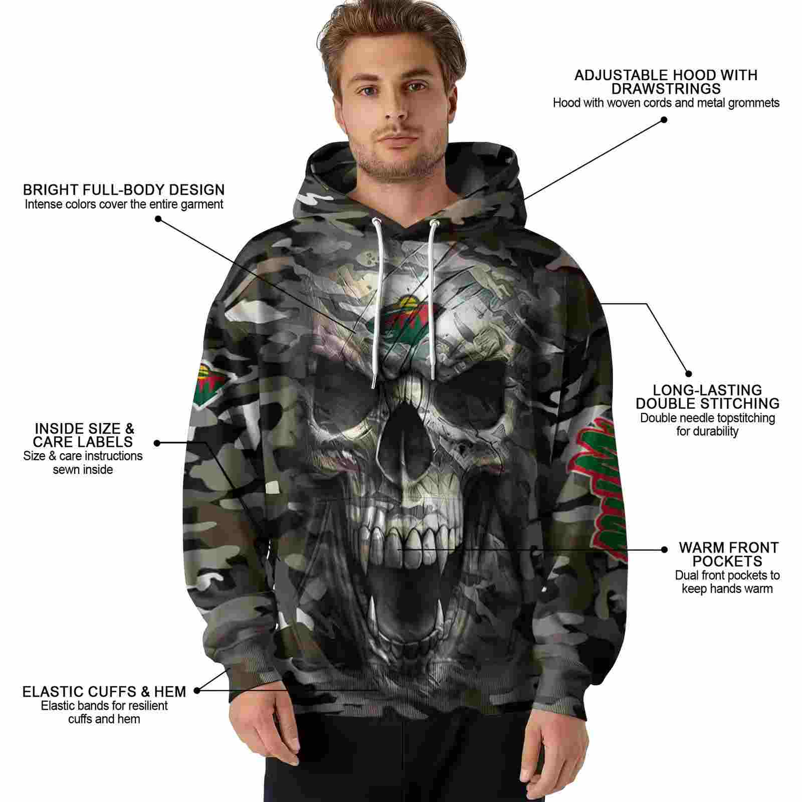 custom minnesota wild camo skull hoodie latest model