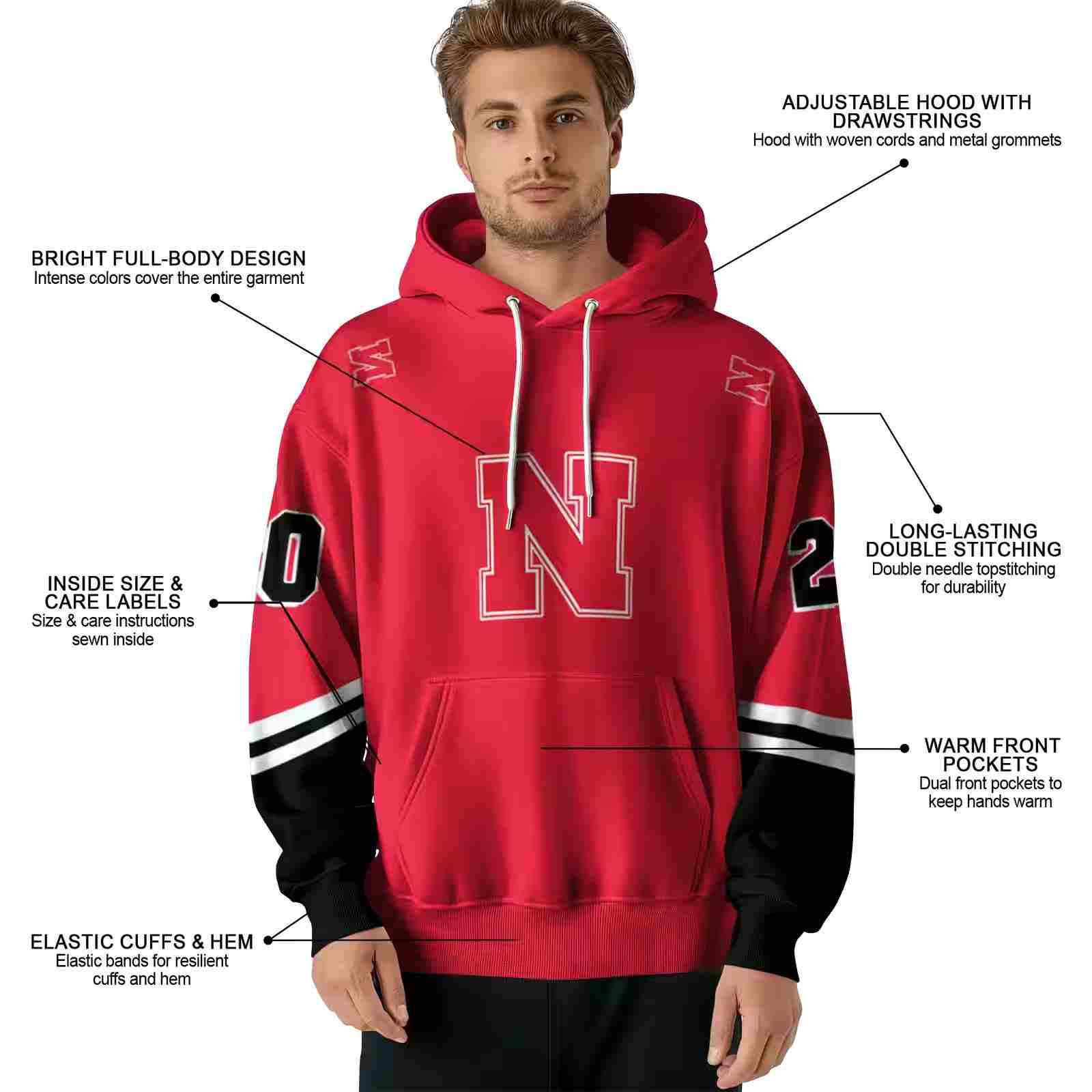 custom nebraska cornhuskers striped sleeves red hoodie latest model