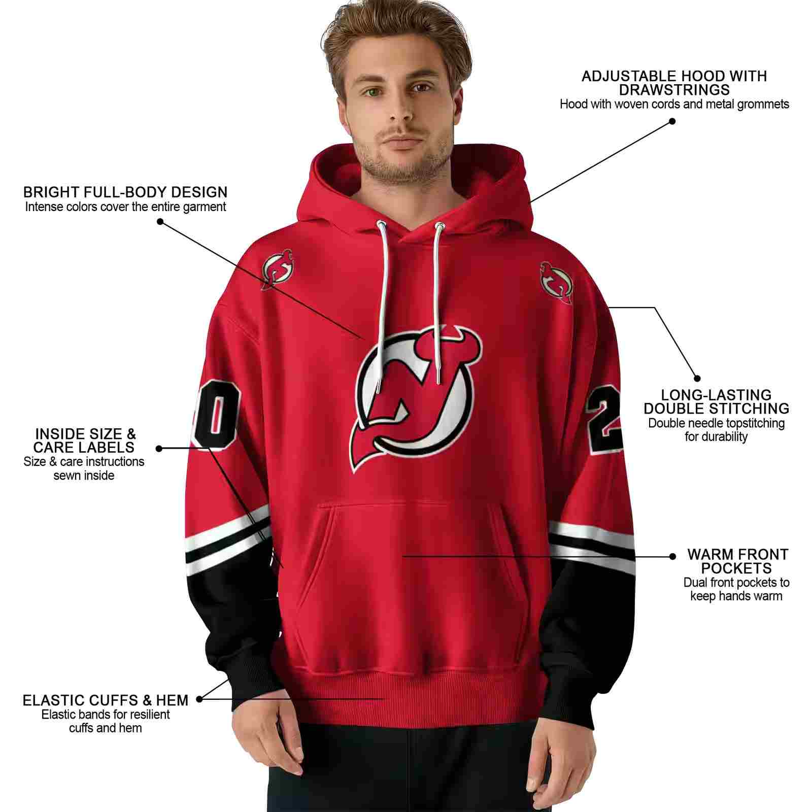 custom new jersey devils striped sleeves red hoodie latest model