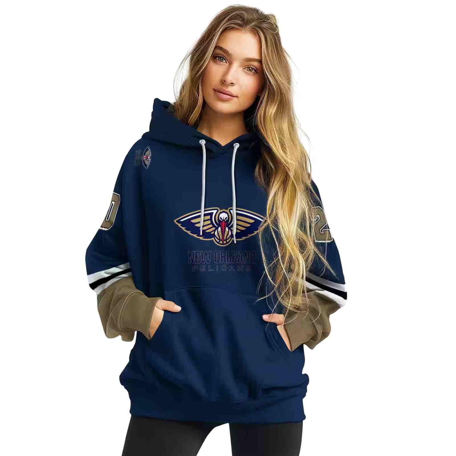 custom new orleans pelicans striped sleeves navy hoodie high quality