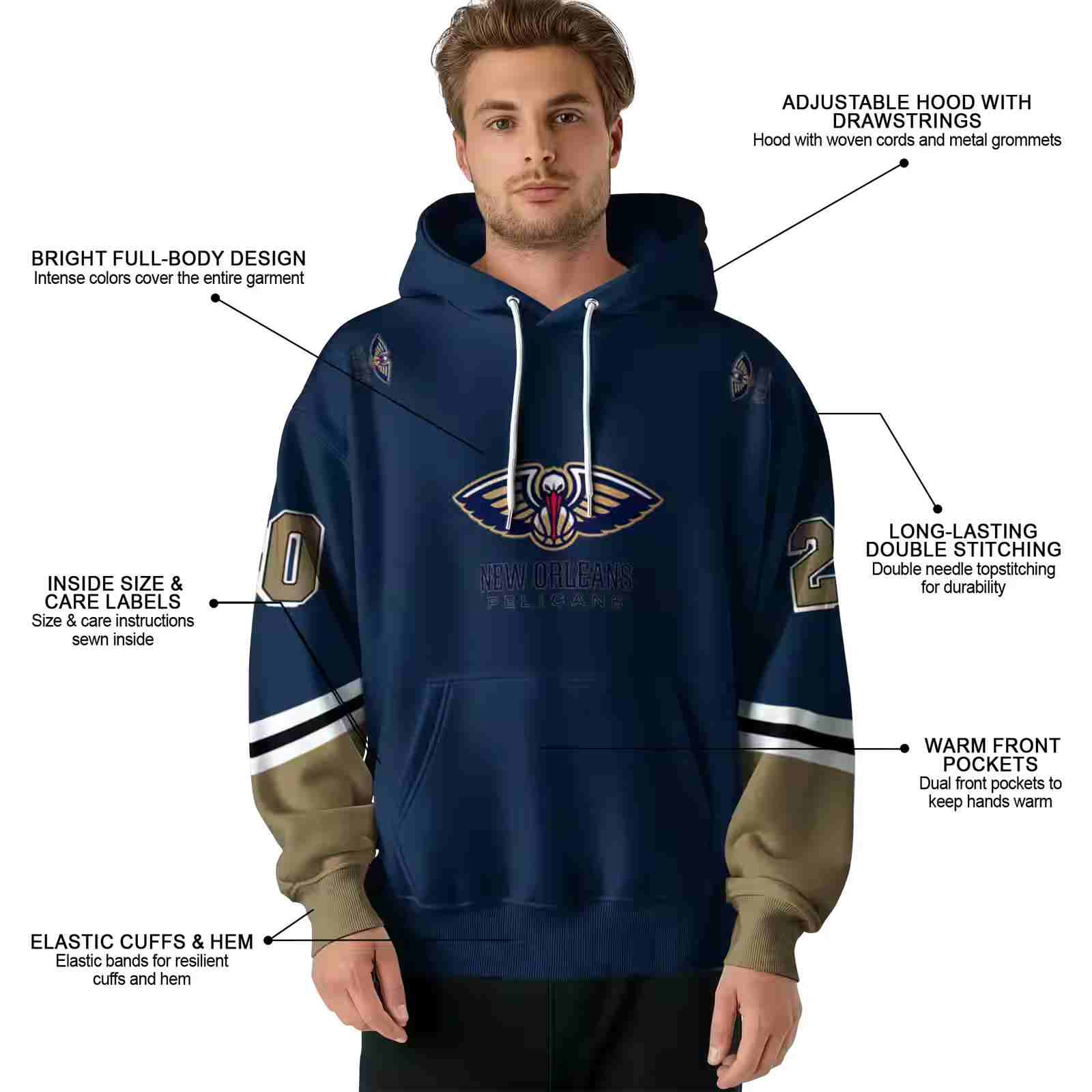 custom new orleans pelicans striped sleeves navy hoodie latest model