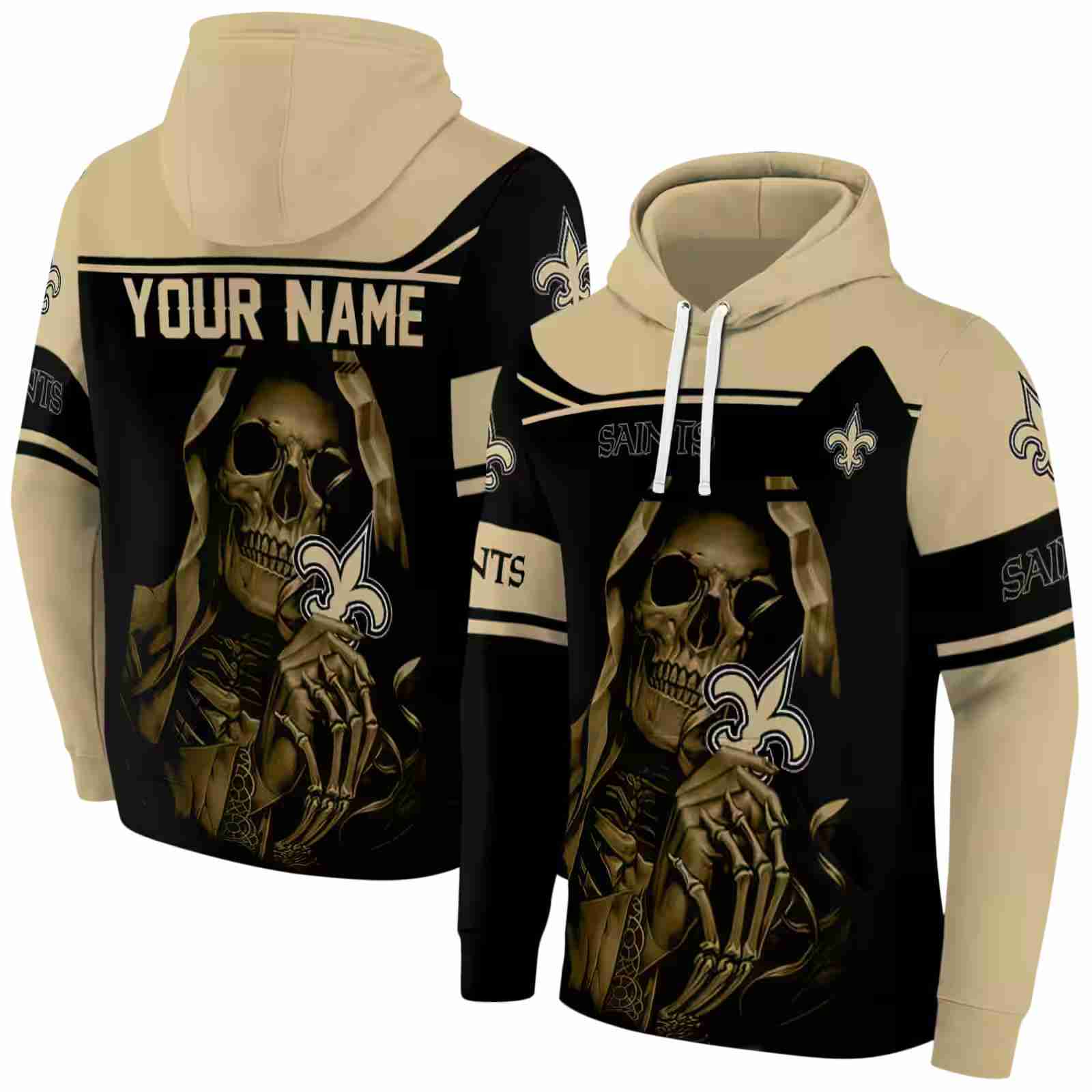 custom new orleans saints grim reaper gold black hoodie fashion forward