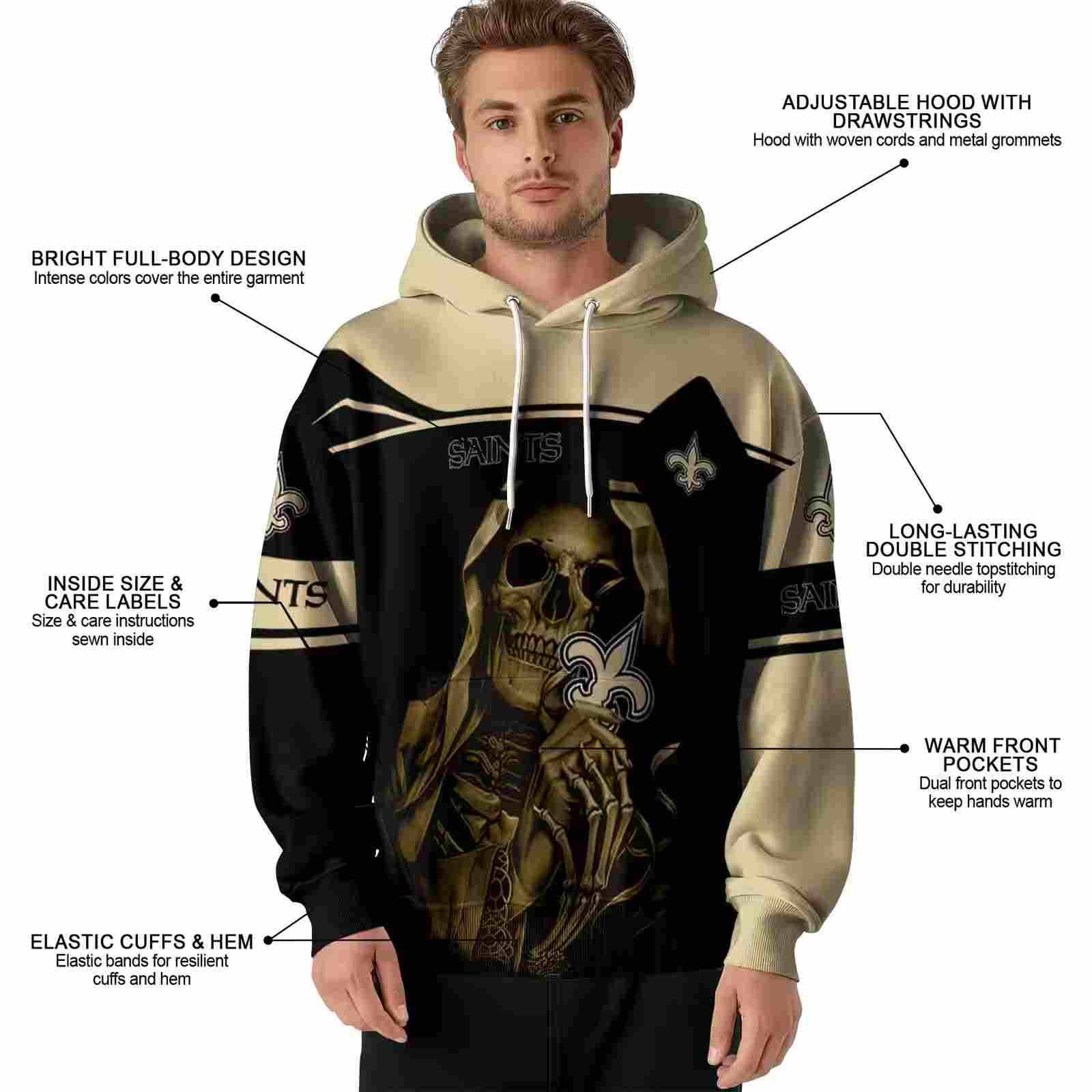 custom new orleans saints grim reaper gold black hoodie latest model