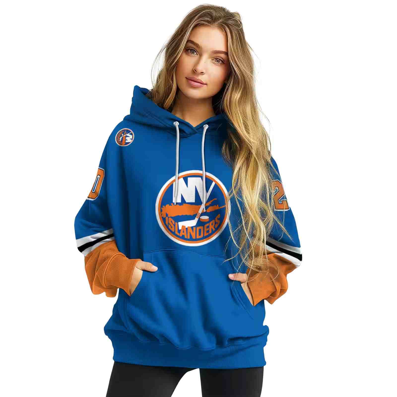 custom new york islanders striped sleeves blue hoodie high quality