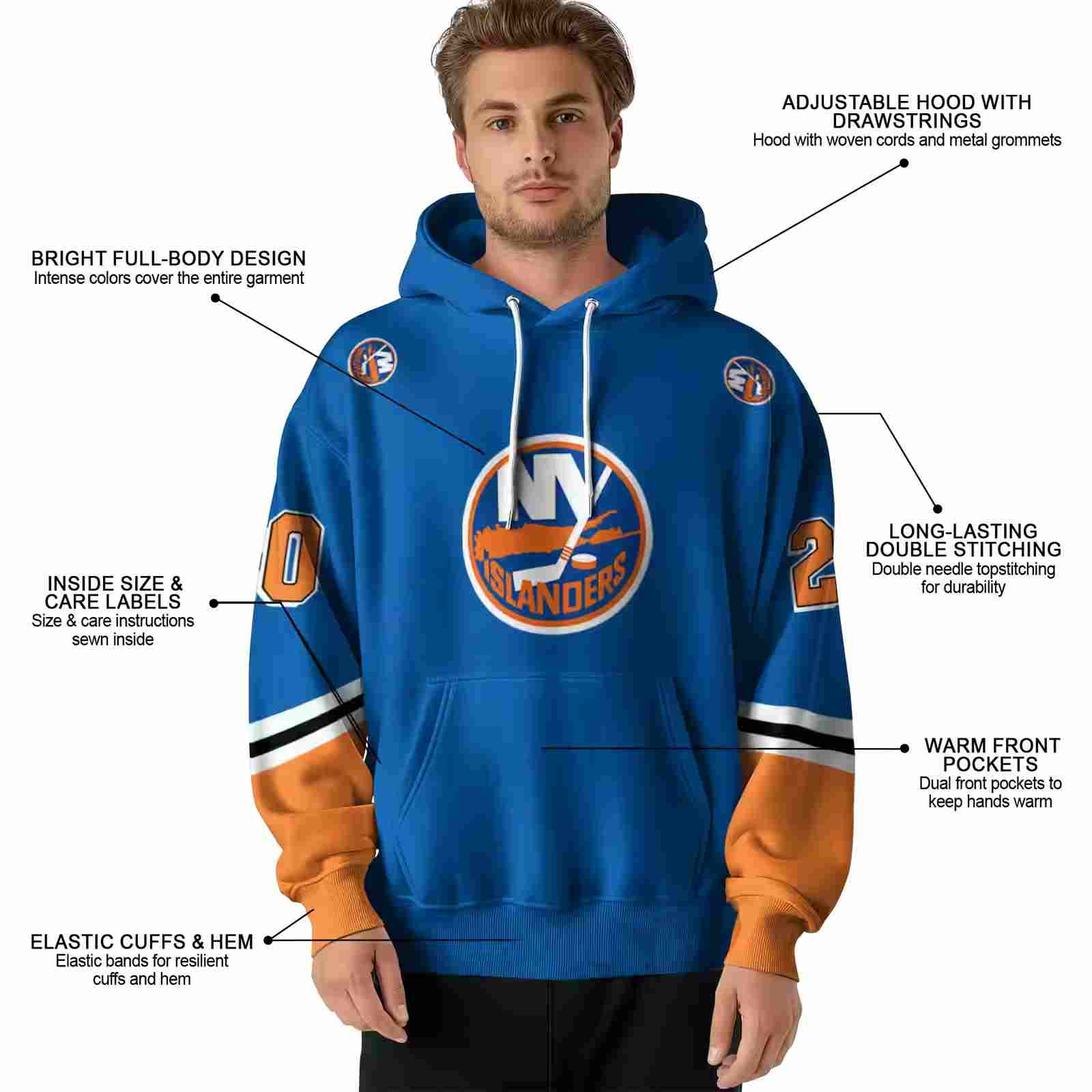 custom new york islanders striped sleeves blue hoodie latest model