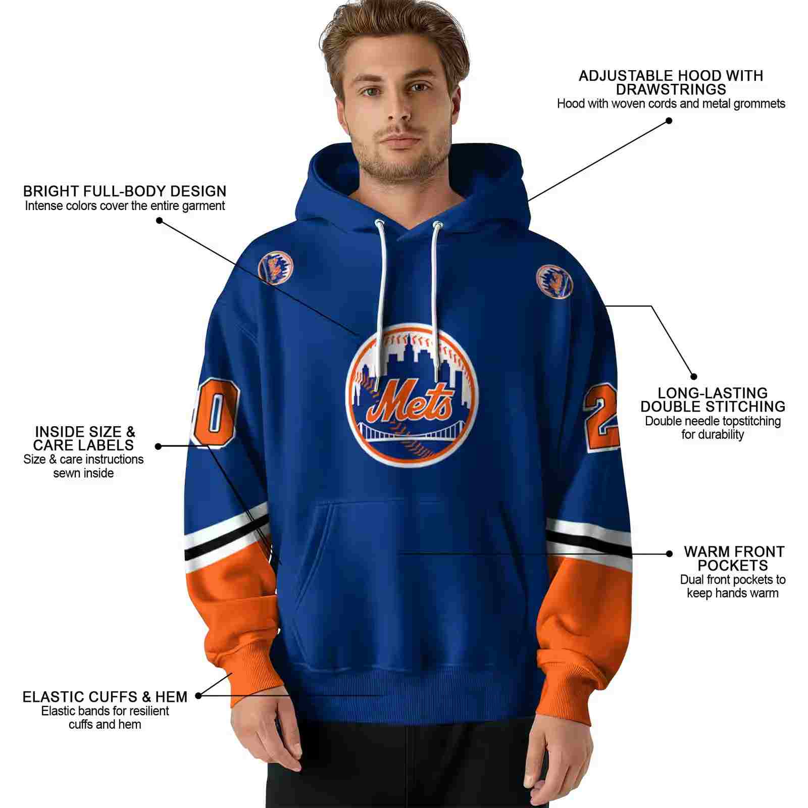 custom new york mets striped sleeves blue hoodie latest model