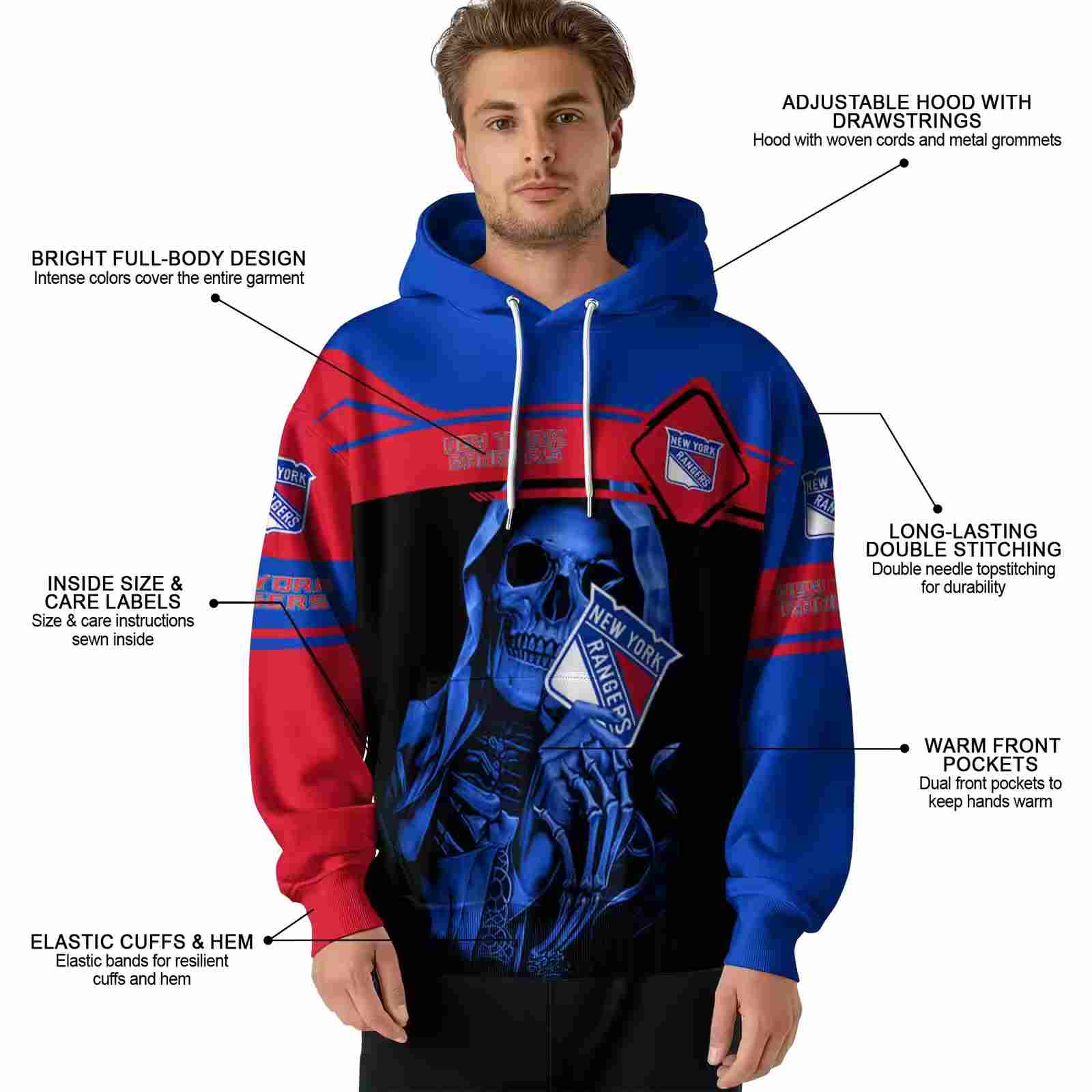 custom new york rangers grim reaper blue black hoodie latest model