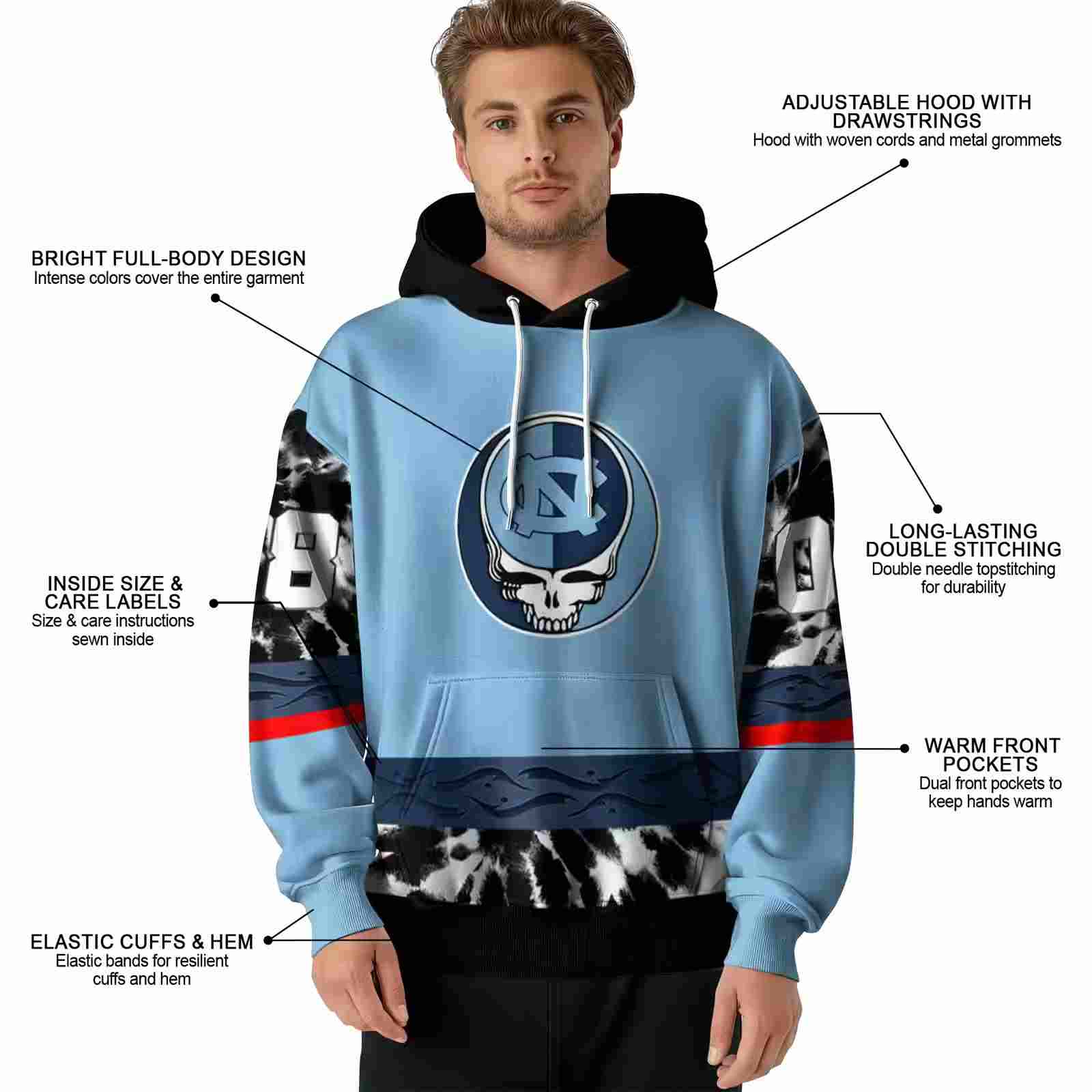 custom north carolina tar heels grateful vibes light blue hoodie latest model