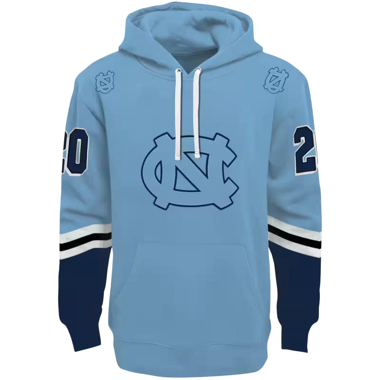 Custom North Carolina Tar Heels Striped Sleeves Light Blue Hoodie