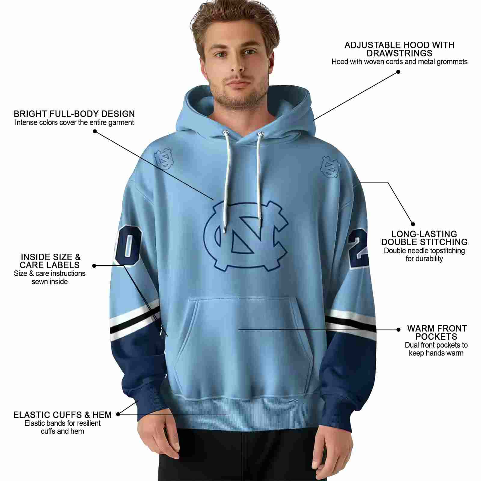 custom north carolina tar heels striped sleeves light blue hoodie latest model