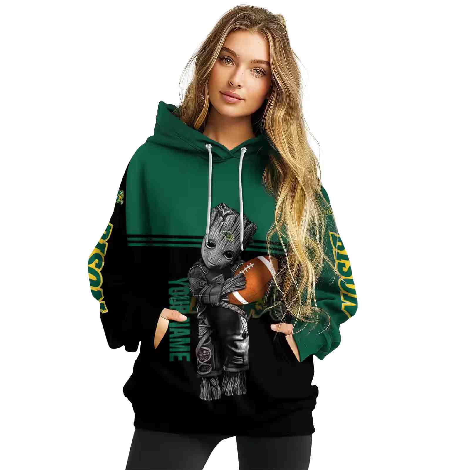 custom north dakota state bison baby groot green black hoodie high quality