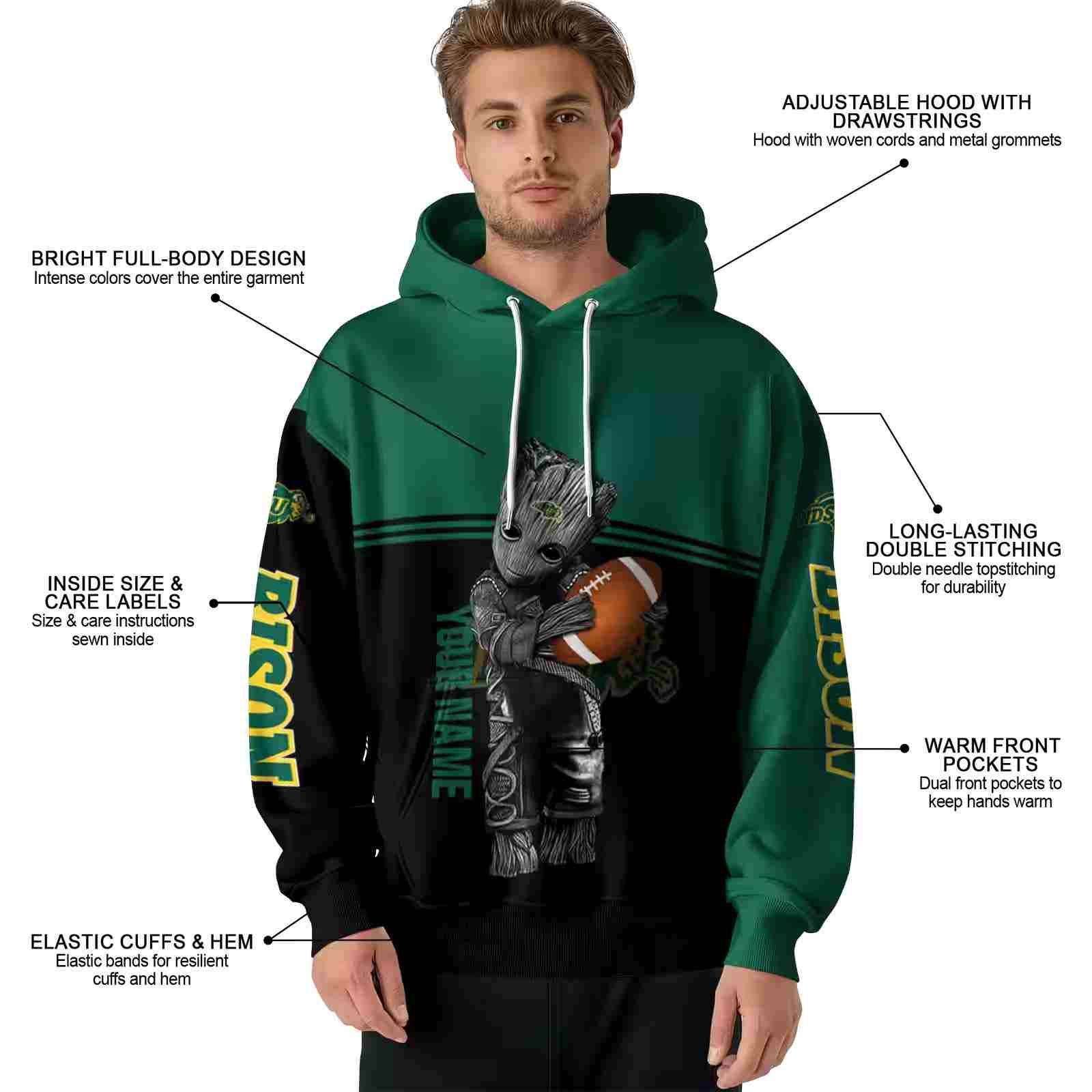 custom north dakota state bison baby groot green black hoodie latest model