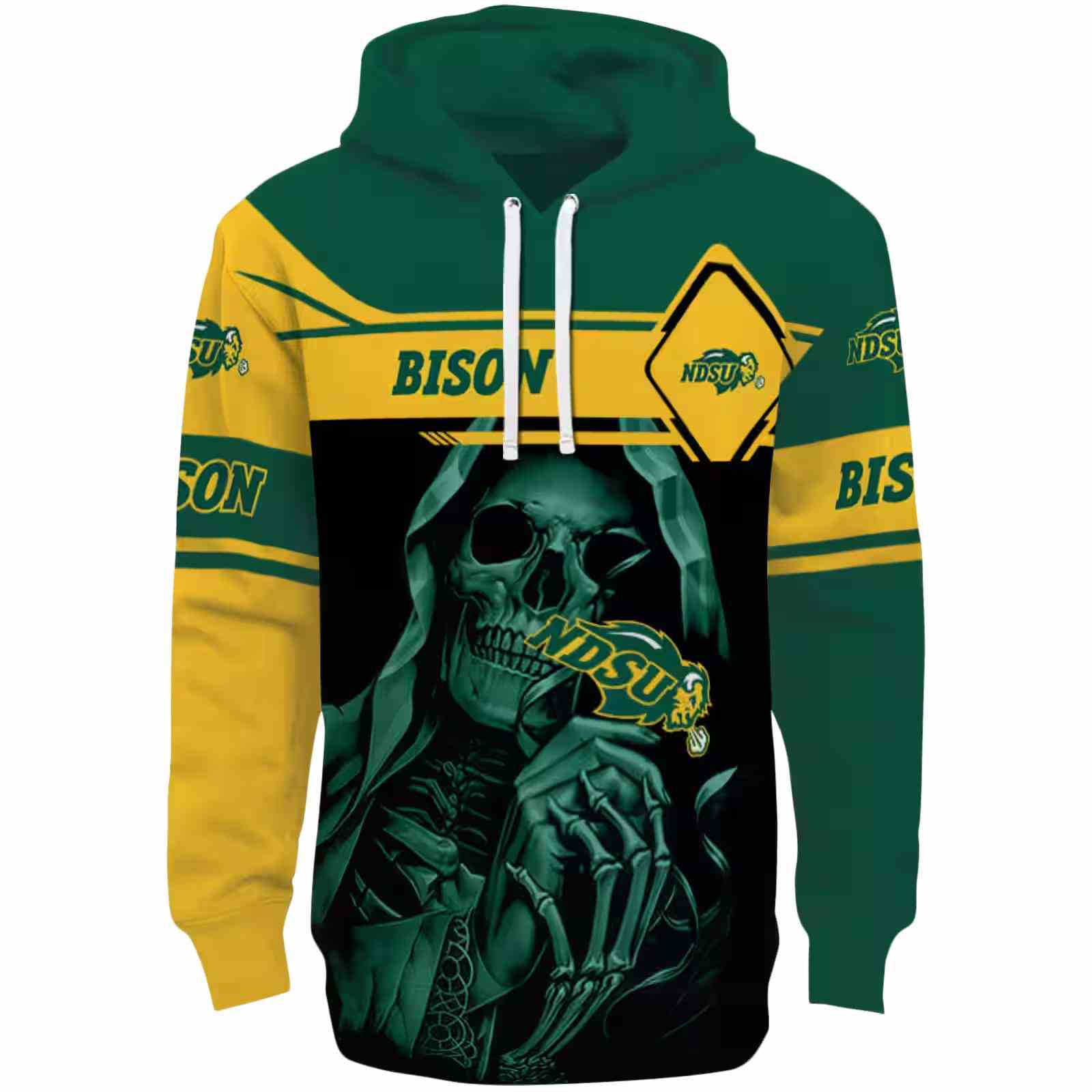 Custom North Dakota State Bison Grim Reaper Green Black Hoodie