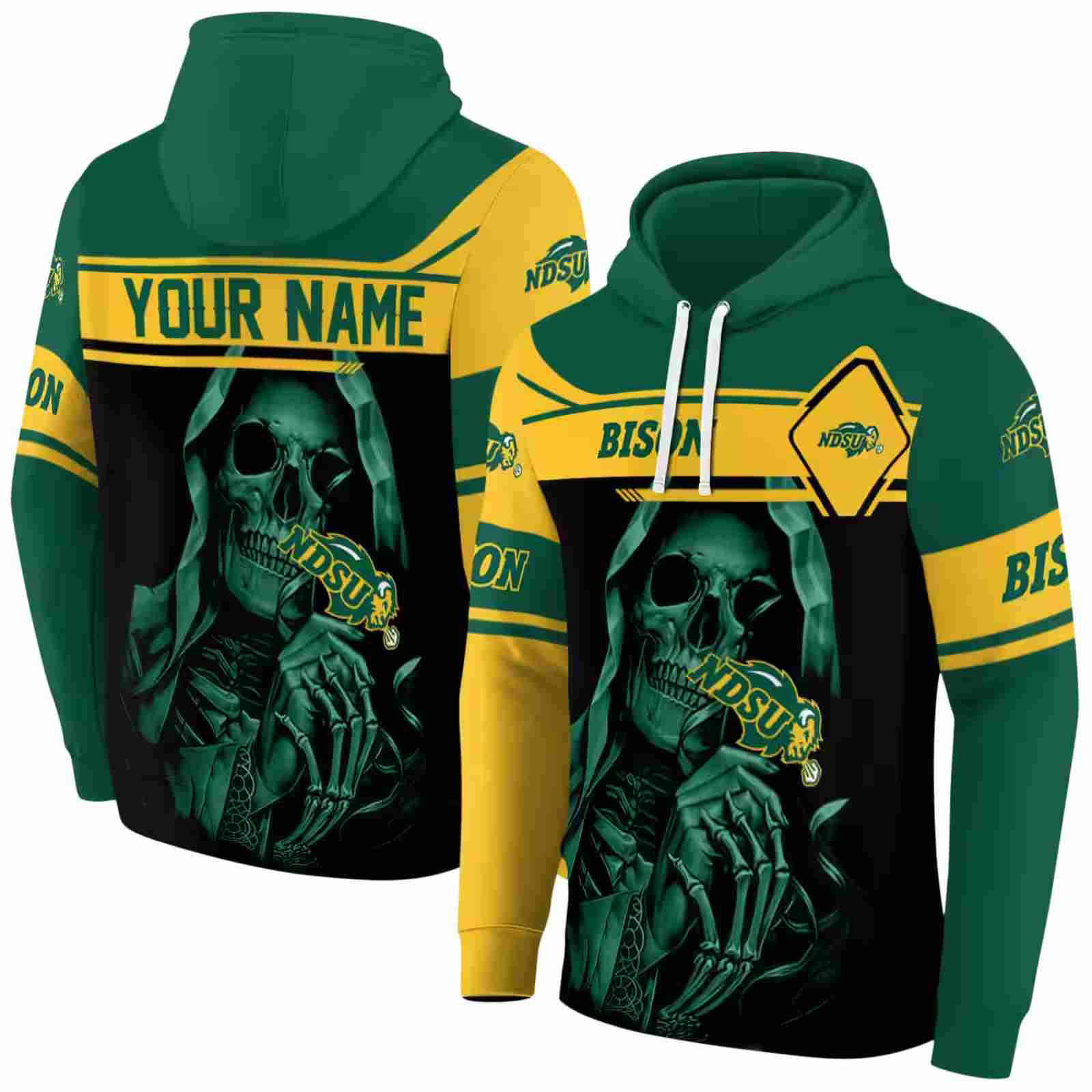 custom north dakota state bison grim reaper green black hoodie fashion forward