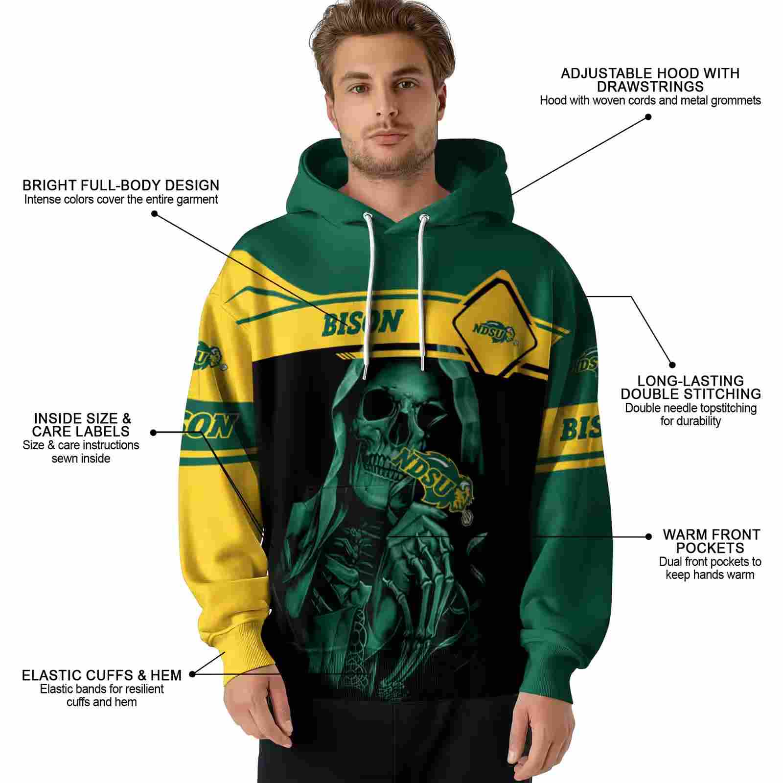 custom north dakota state bison grim reaper green black hoodie latest model