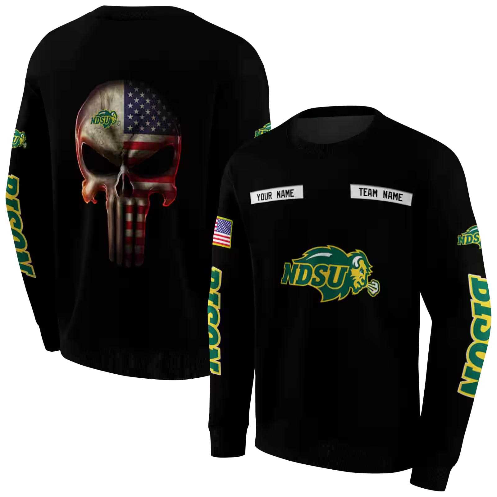 custom north dakota state bison punisher skull black hoodie premium grade