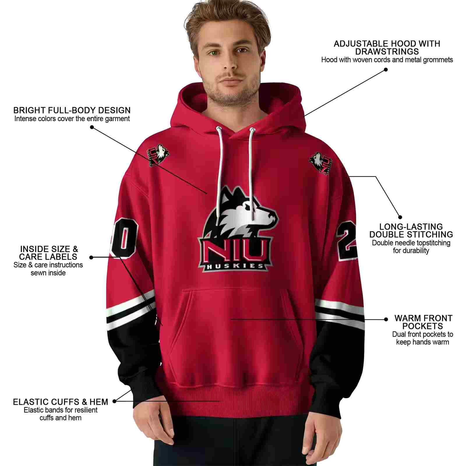 custom northern illinois huskies striped sleeves red hoodie latest model