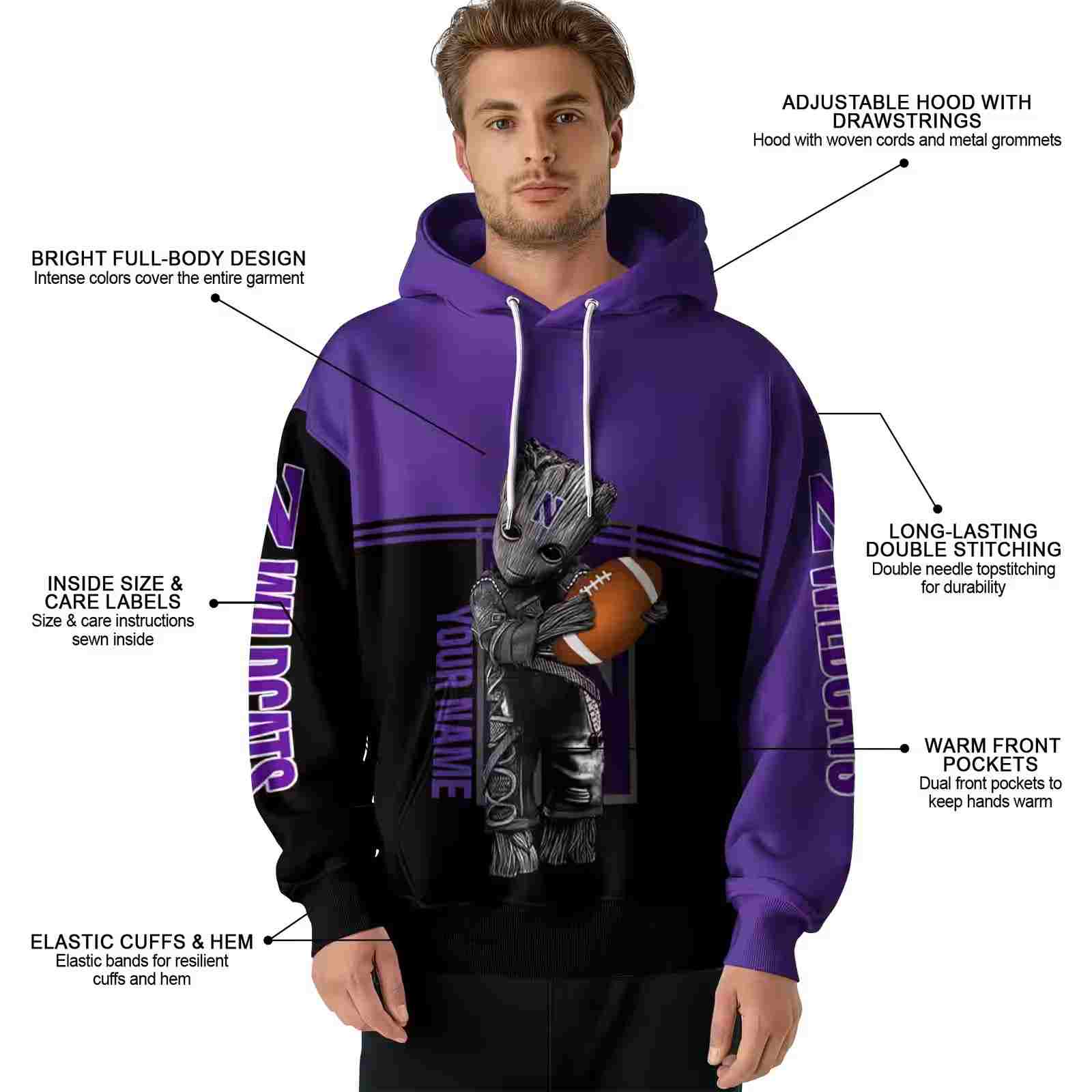 custom northwestern wildcats baby groot purple black hoodie latest model