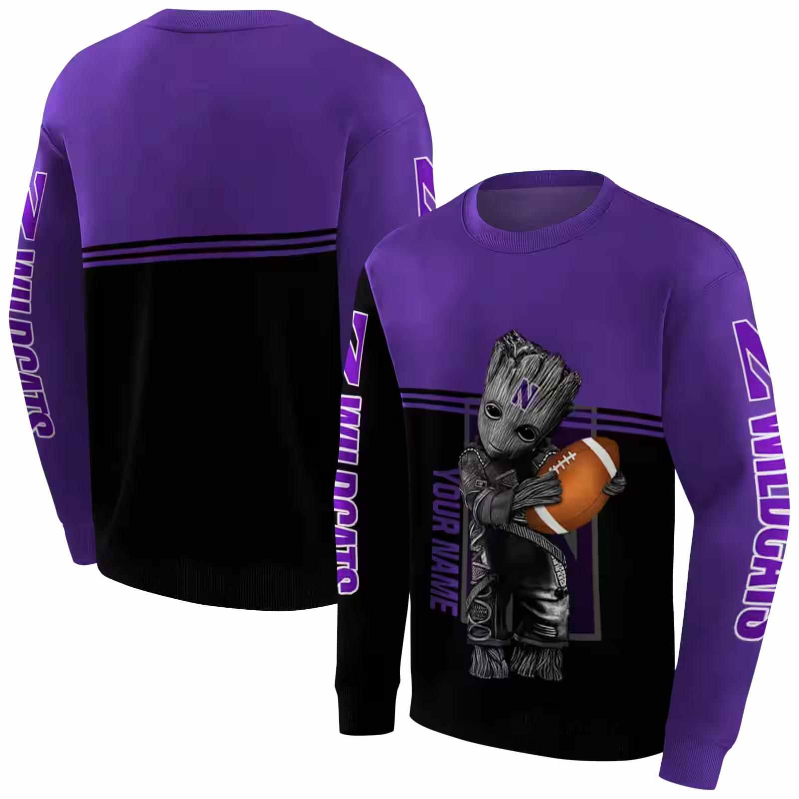 custom northwestern wildcats baby groot purple black hoodie premium grade