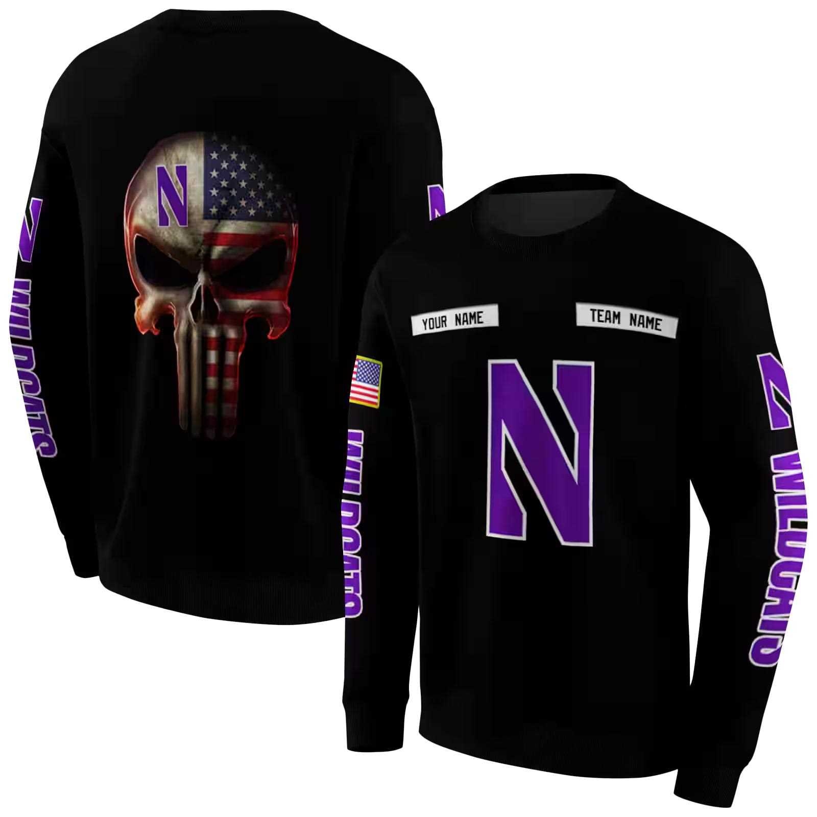 custom northwestern wildcats punisher skull black hoodie premium grade