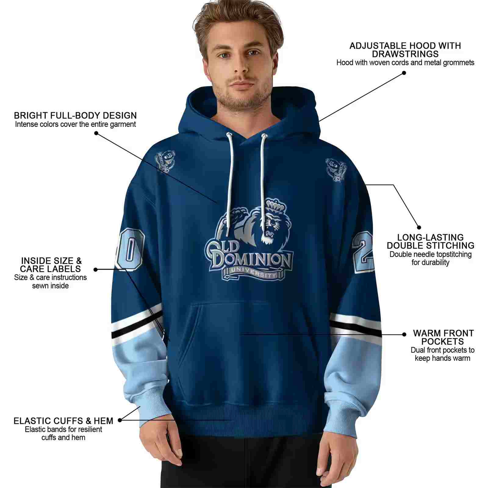 custom old dominion monarchs striped sleeves blue hoodie latest model