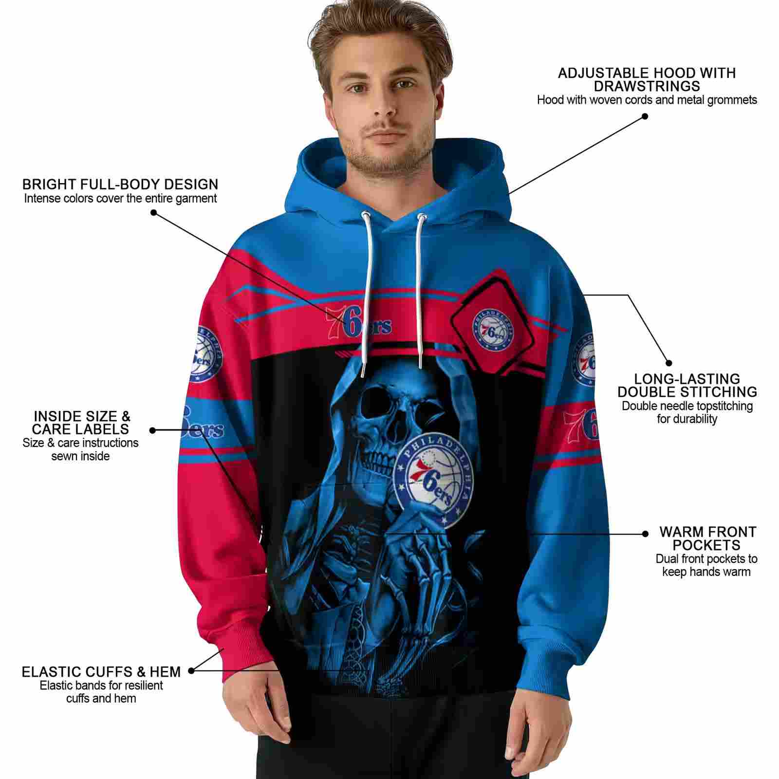 custom philadelphia 76ers grim reaper blue black hoodie latest model