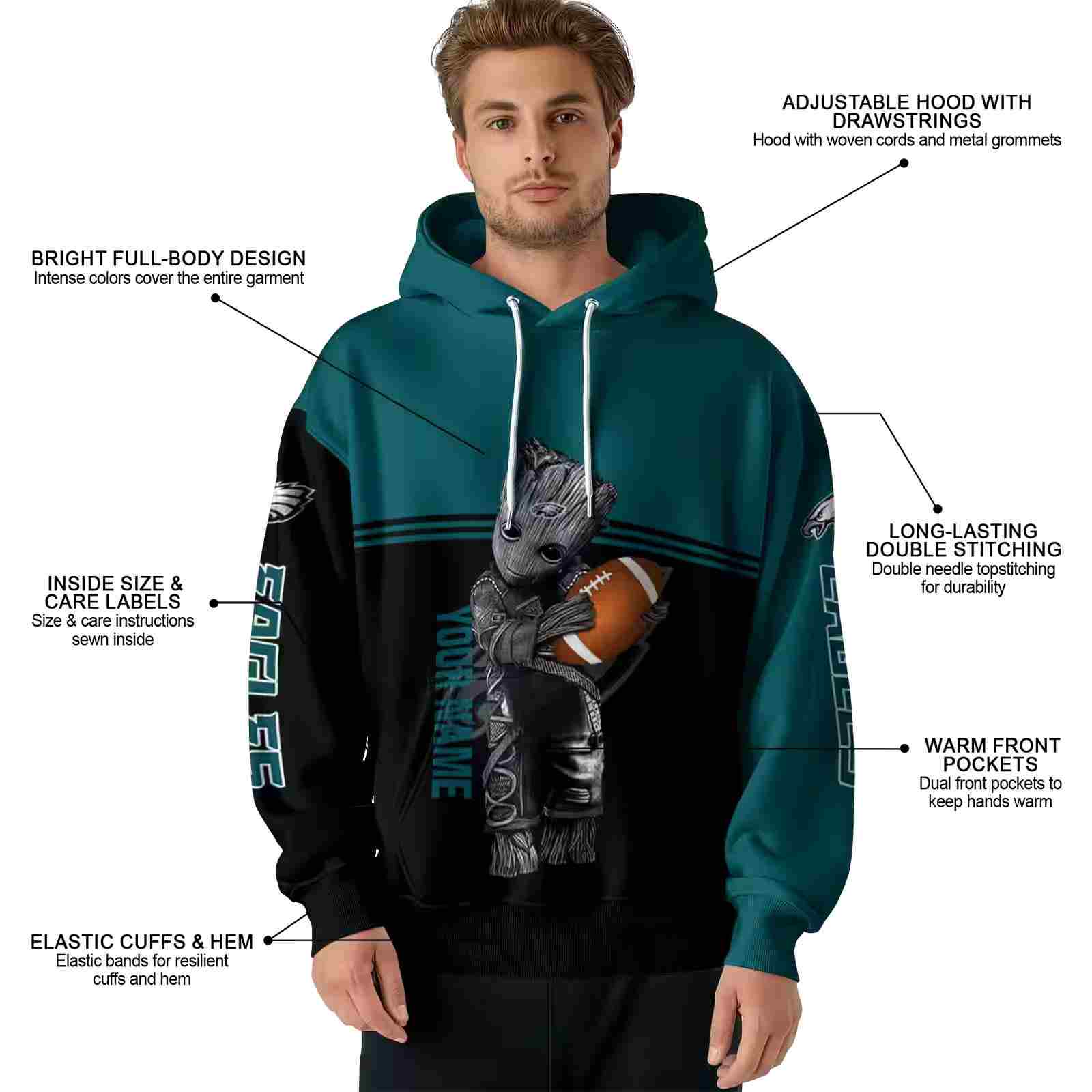 custom philadelphia eagles baby groot green black hoodie latest model