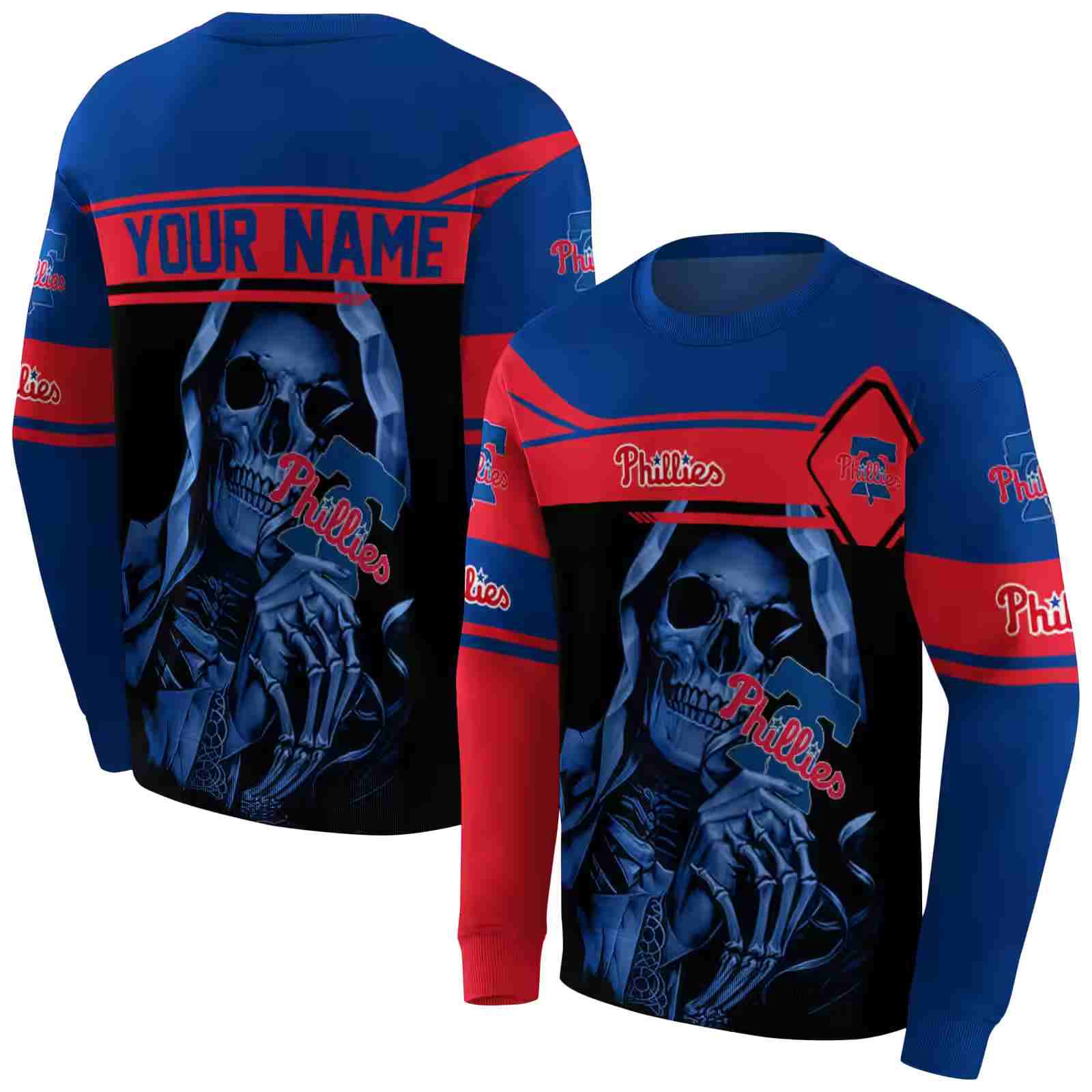 custom philadelphia phillies grim reaper blue black hoodie premium grade