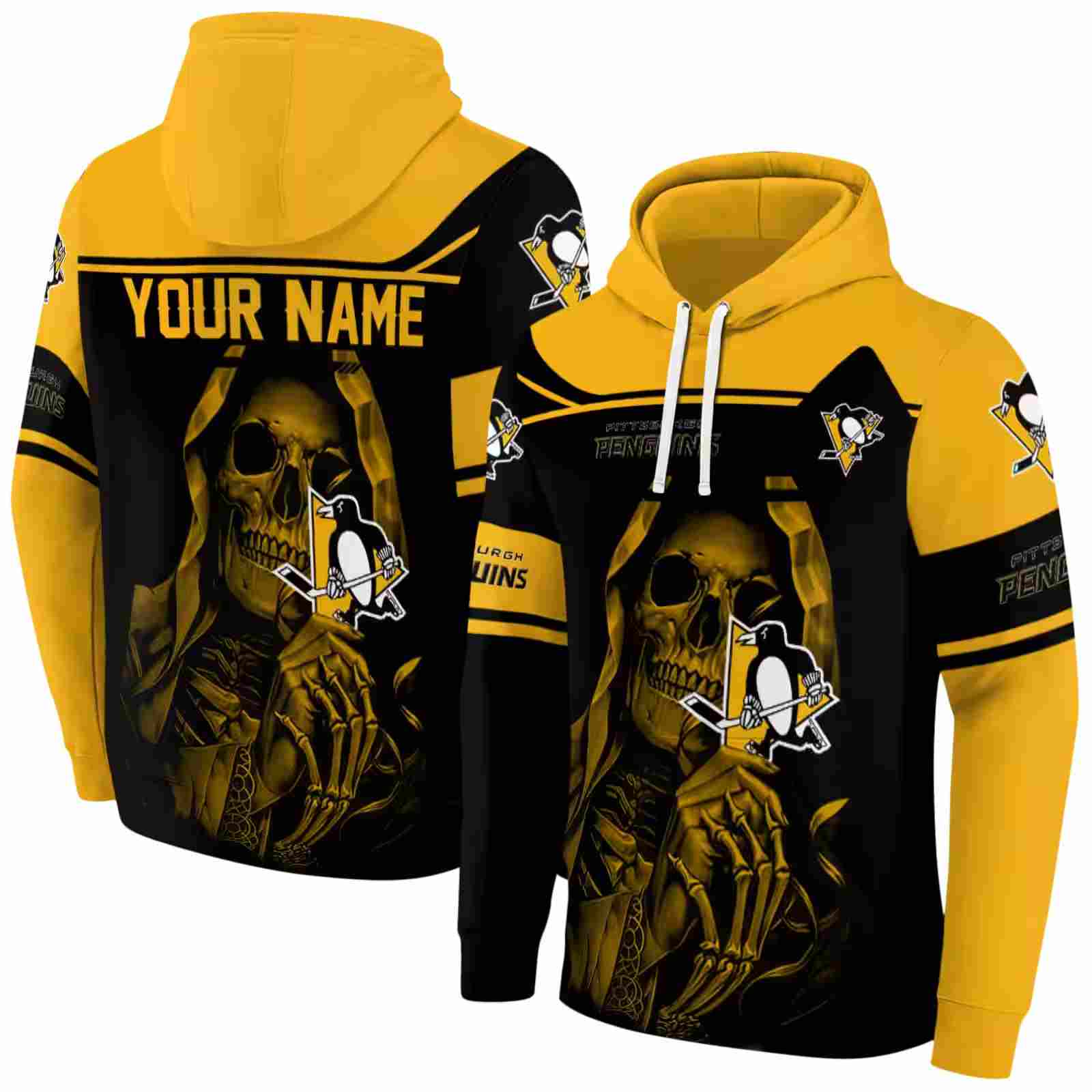 custom pittsburgh penguins grim reaper yellow black hoodie fashion forward