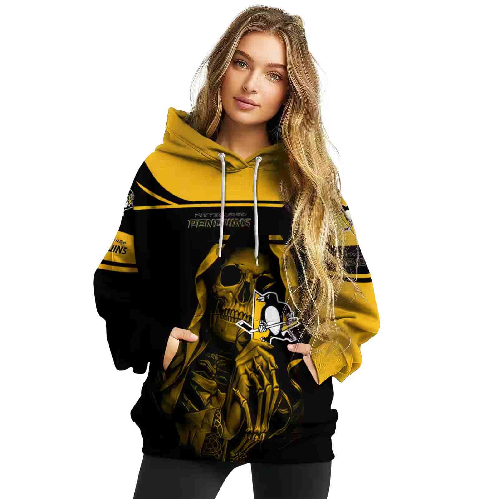 custom pittsburgh penguins grim reaper yellow black hoodie high quality