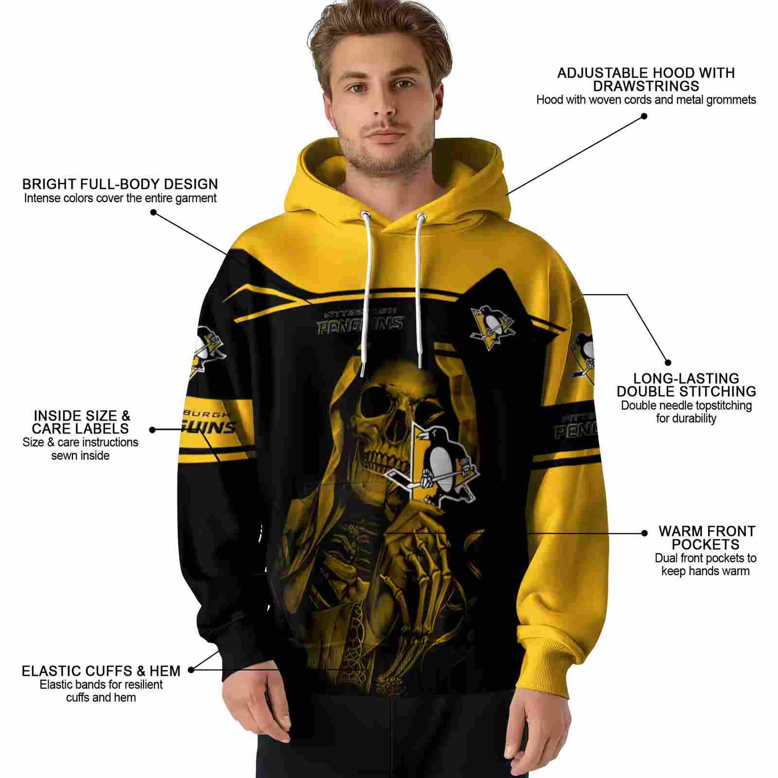 custom pittsburgh penguins grim reaper yellow black hoodie latest model