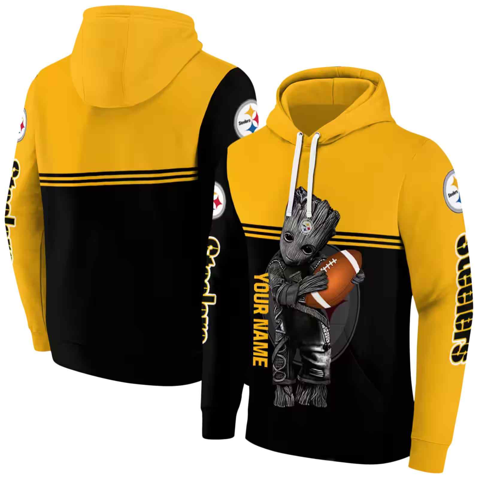 custom pittsburgh steelers baby groot gold black hoodie fashion forward