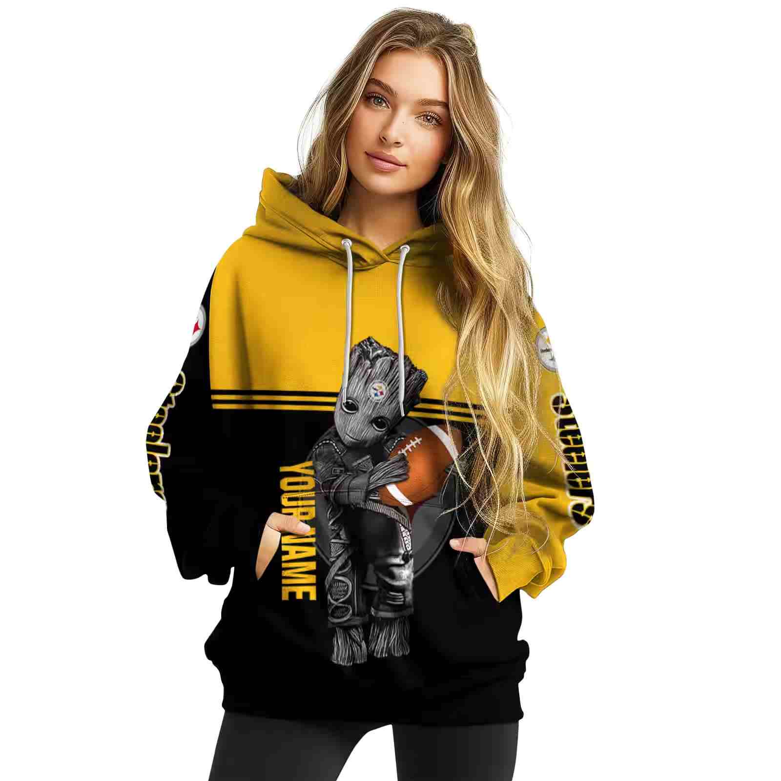 custom pittsburgh steelers baby groot gold black hoodie high quality