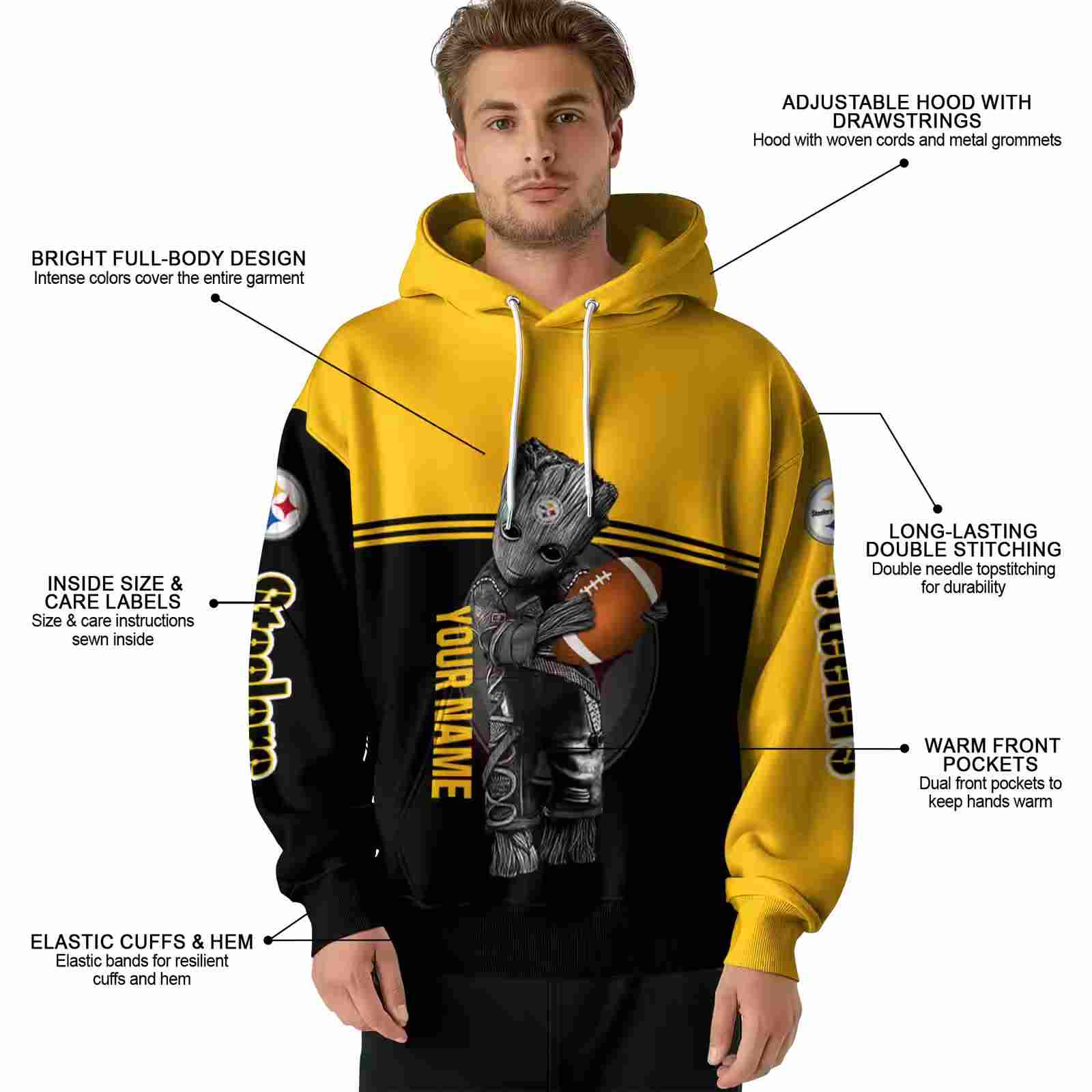 custom pittsburgh steelers baby groot gold black hoodie latest model