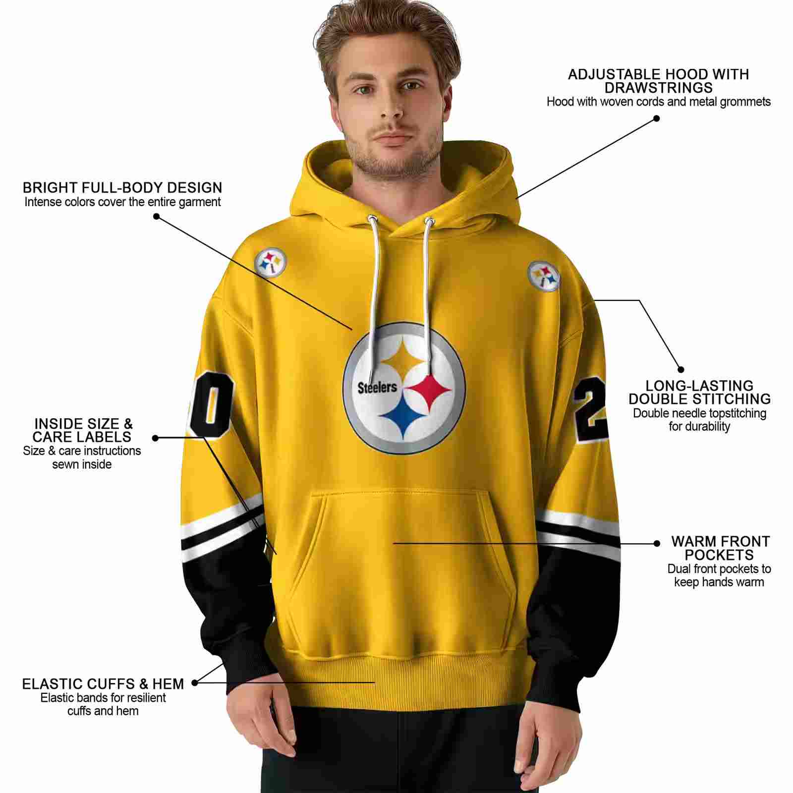 custom pittsburgh steelers striped sleeves gold hoodie latest model