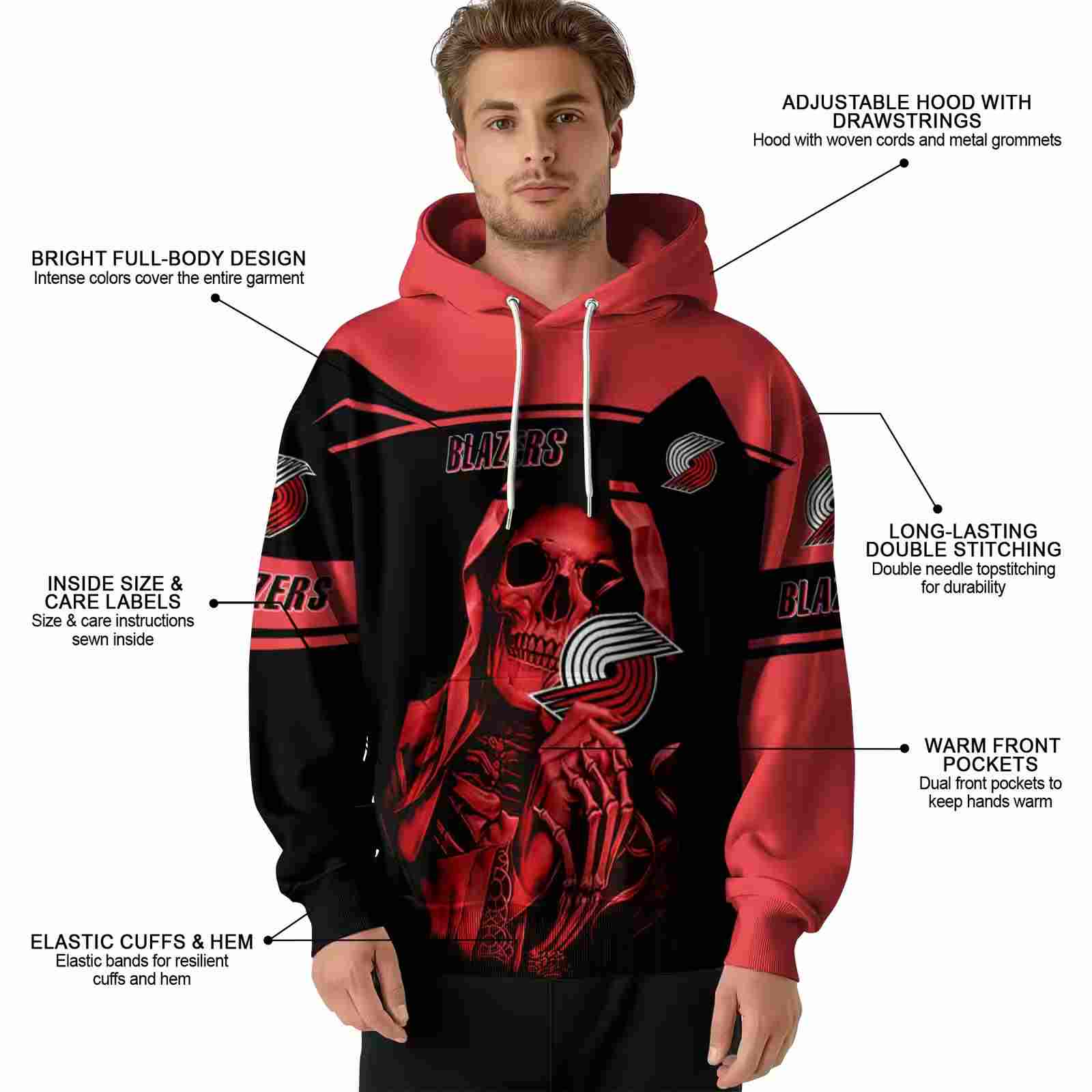 custom portland trail blazers grim reaper red black hoodie latest model