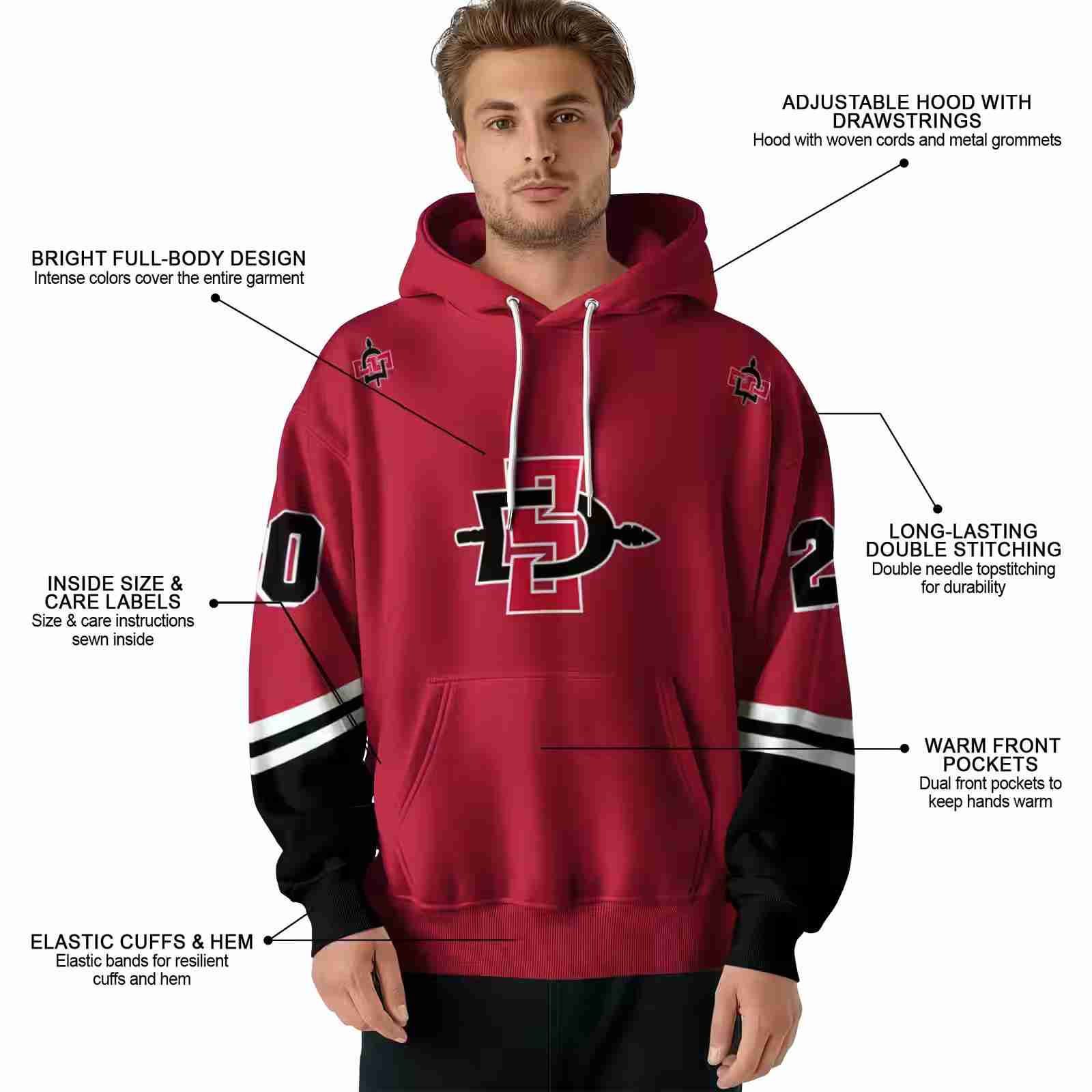 custom san diego state aztecs striped sleeves red hoodie latest model