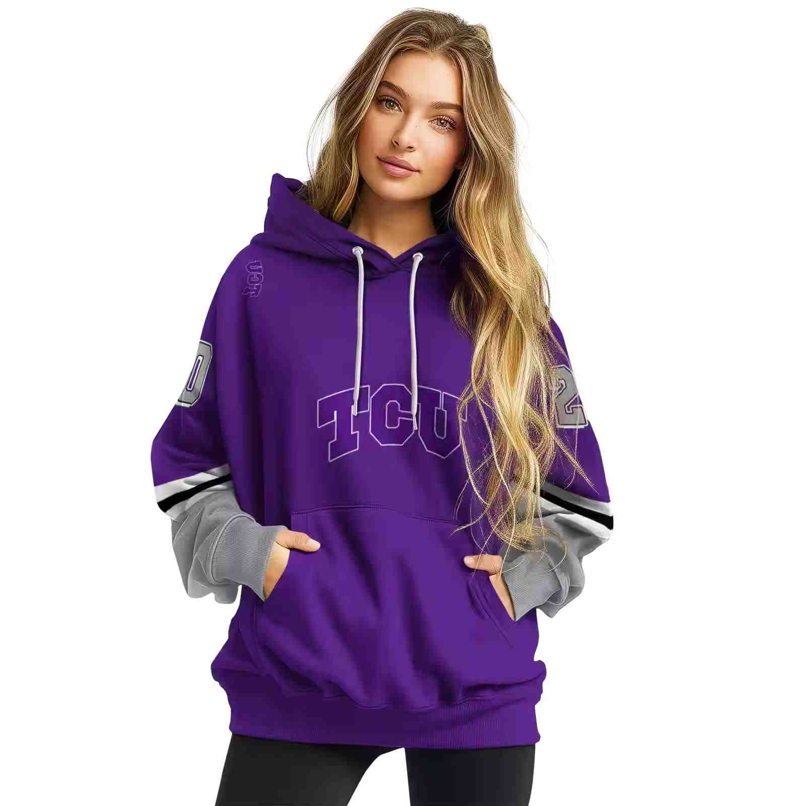 custom tcu horned frogs striped sleeves purple hoodie high quality