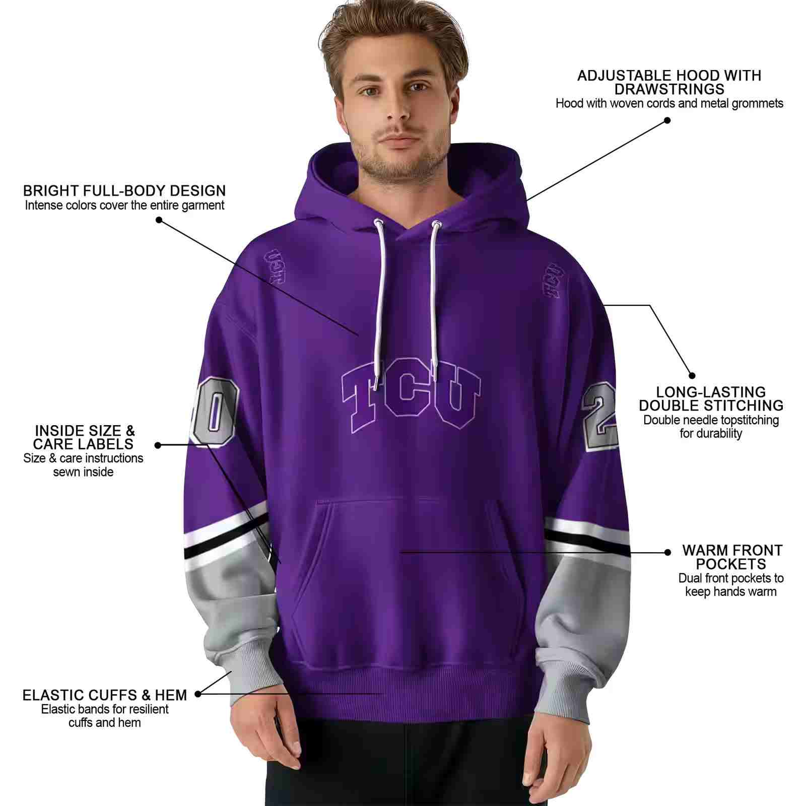 custom tcu horned frogs striped sleeves purple hoodie latest model